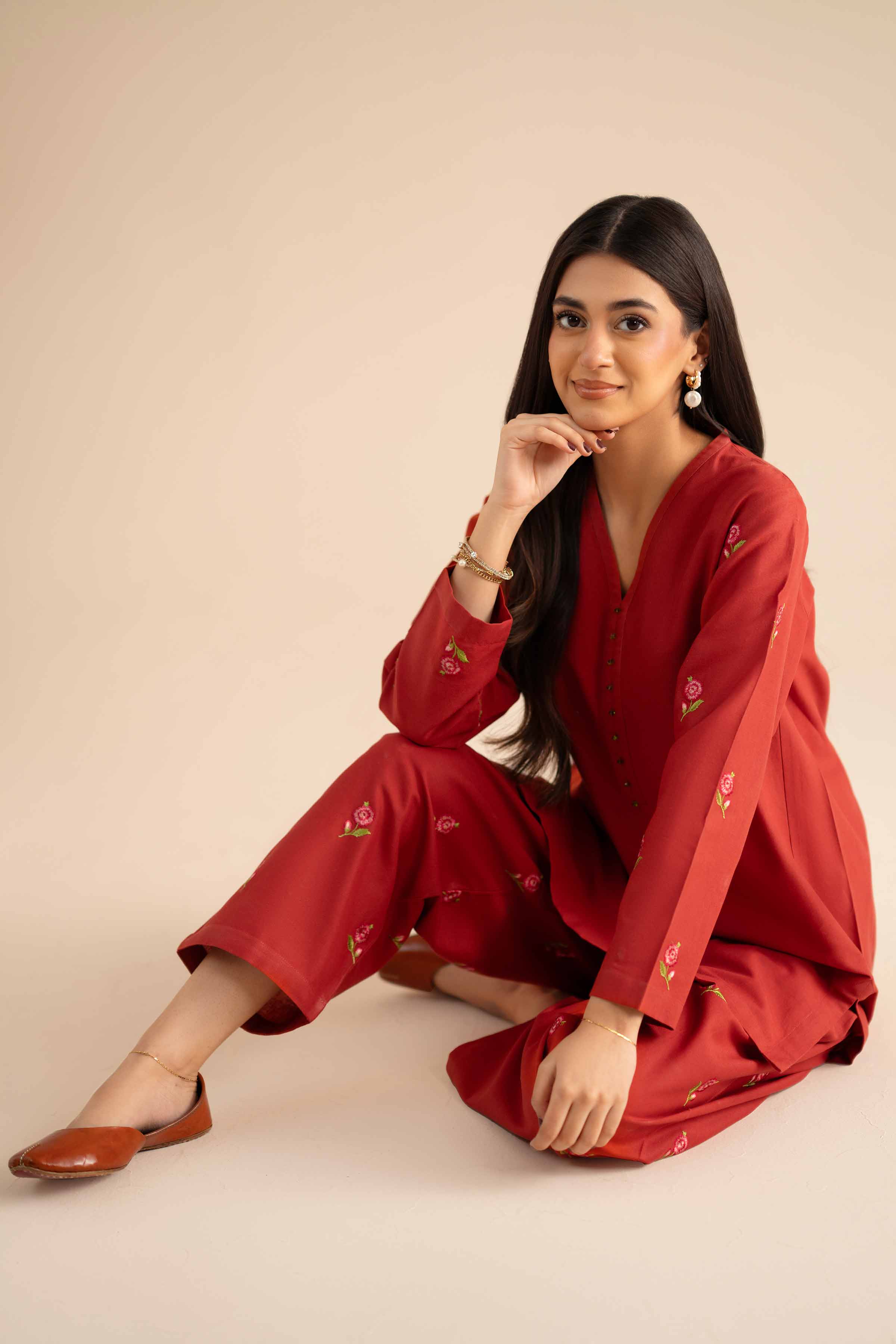 NISHATUAE - Orange Embroidered Cotton 2-piece Ready to wear Dress