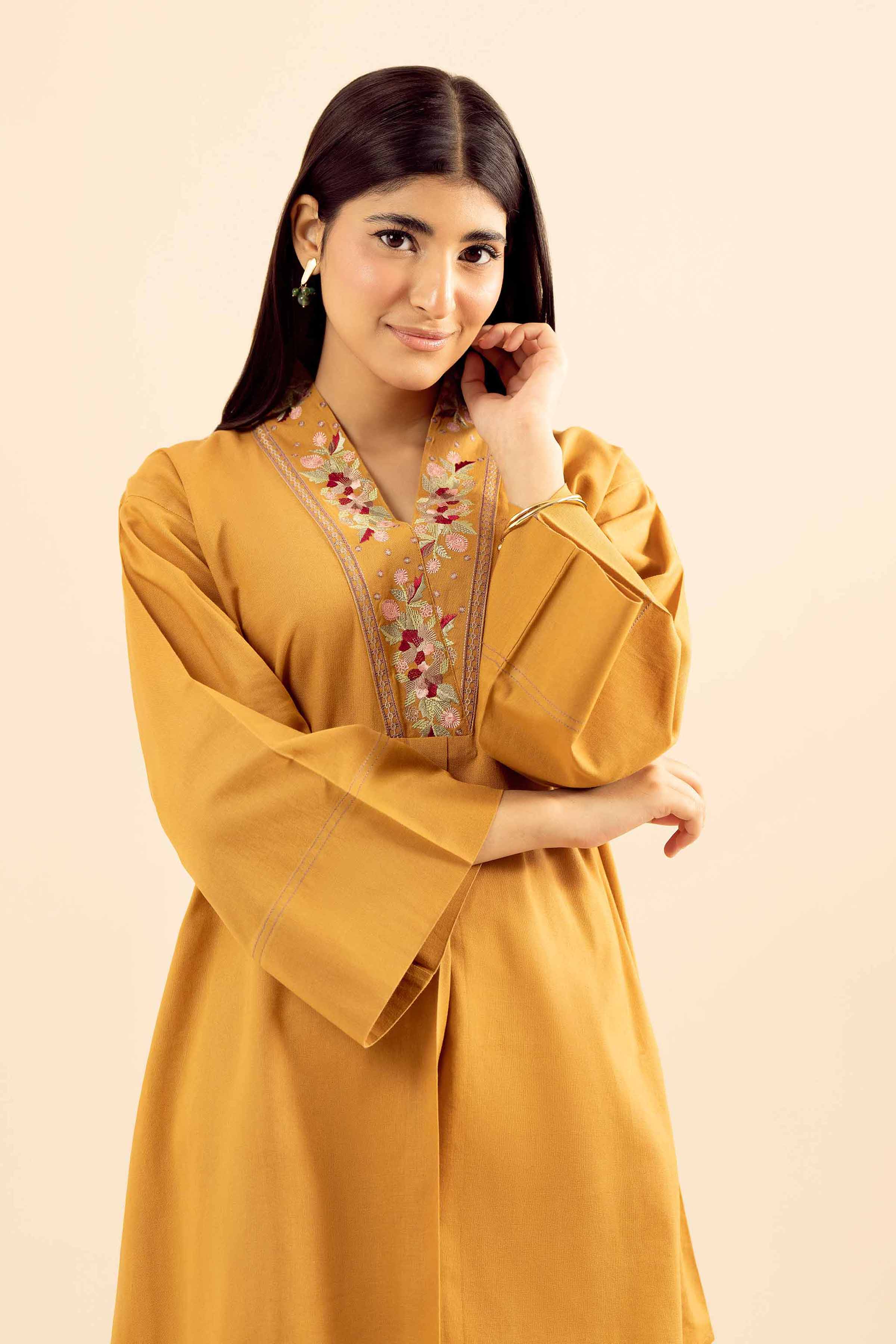 NISHATUAE - Mustard Embroidered Cotton 2-piece Ready to wear Dress