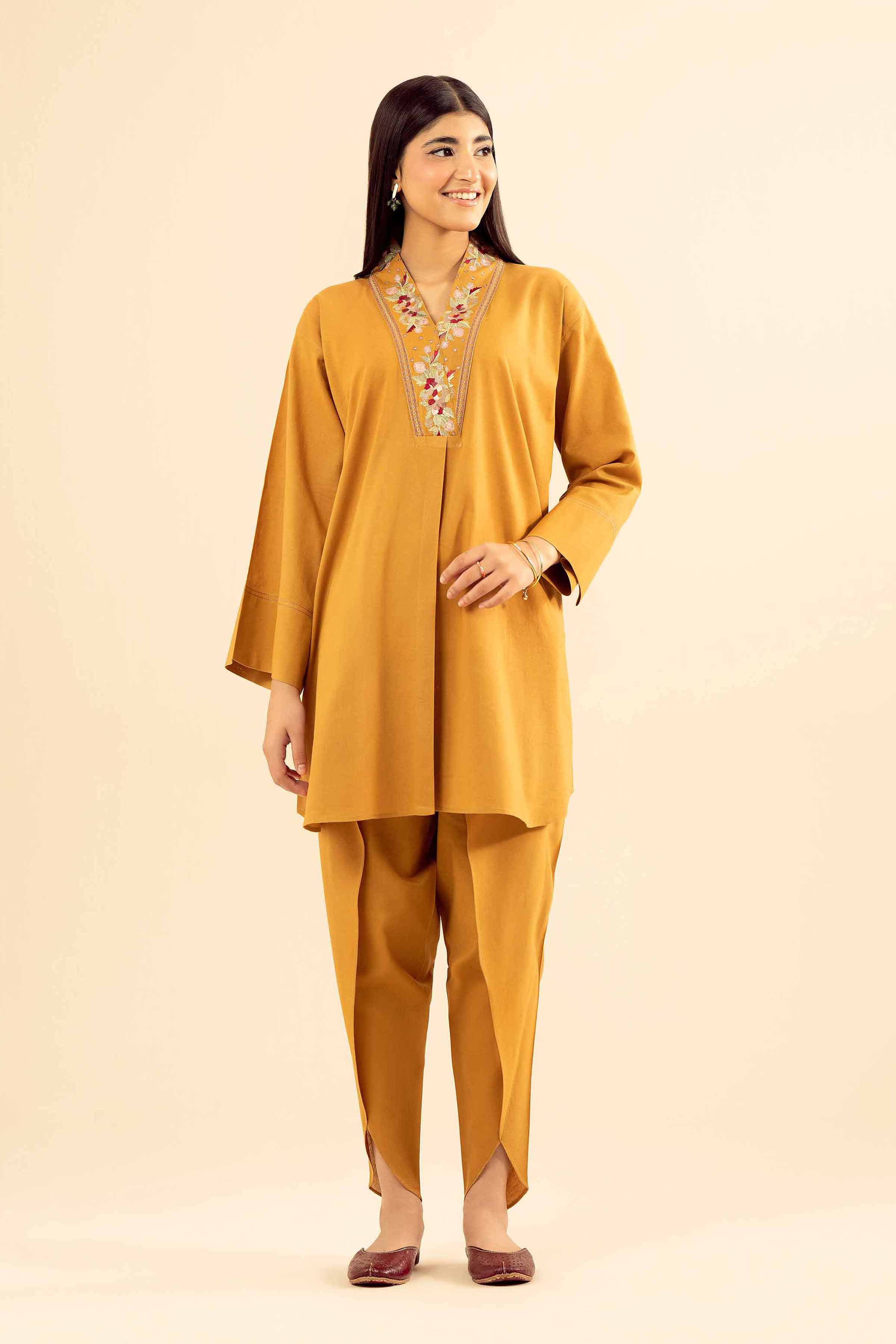 NISHATUAE - Mustard Embroidered Cotton 2-piece Ready to wear Dress