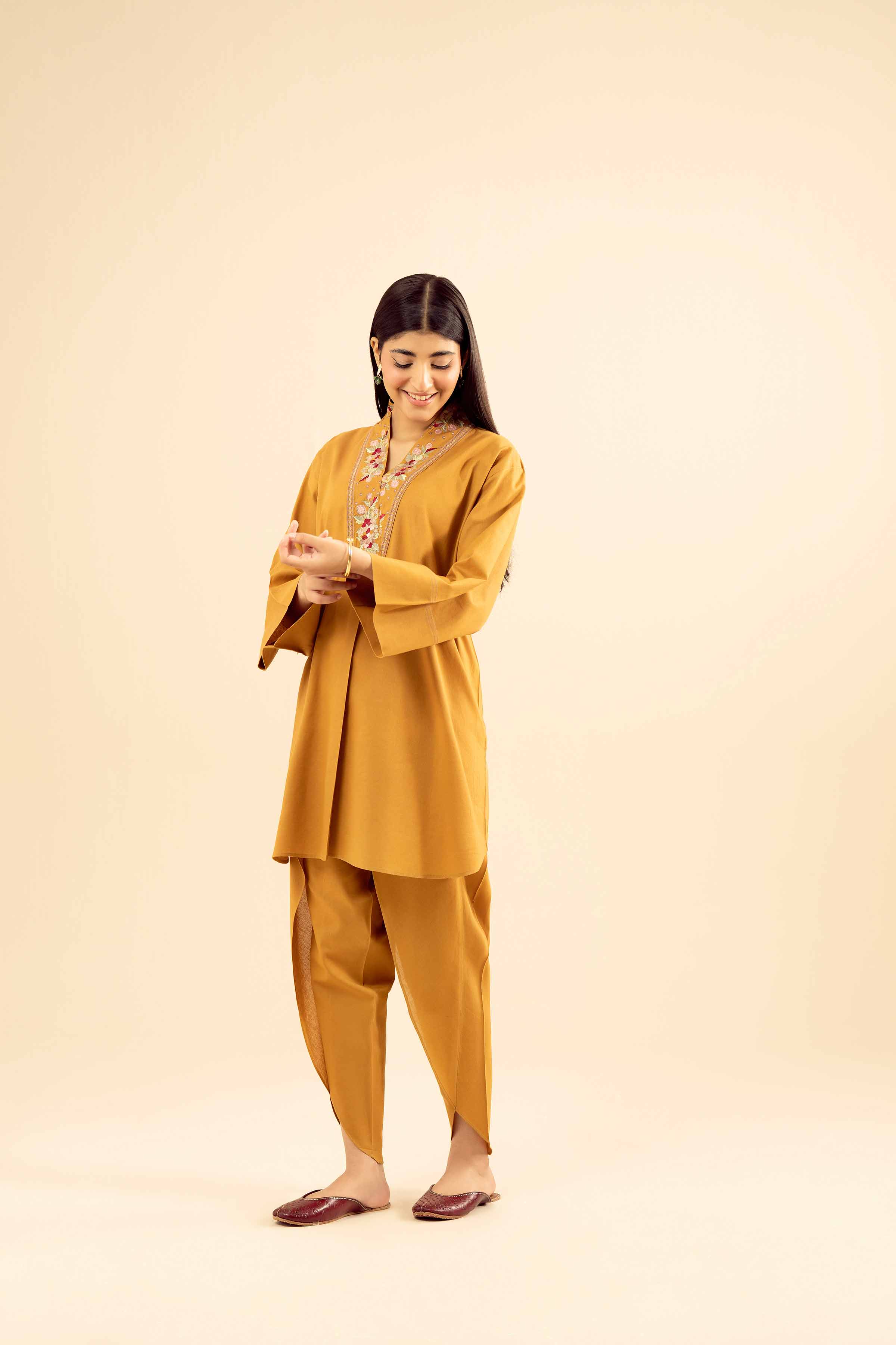 NISHATUAE - Mustard Embroidered Cotton 2-piece Ready to wear Dress