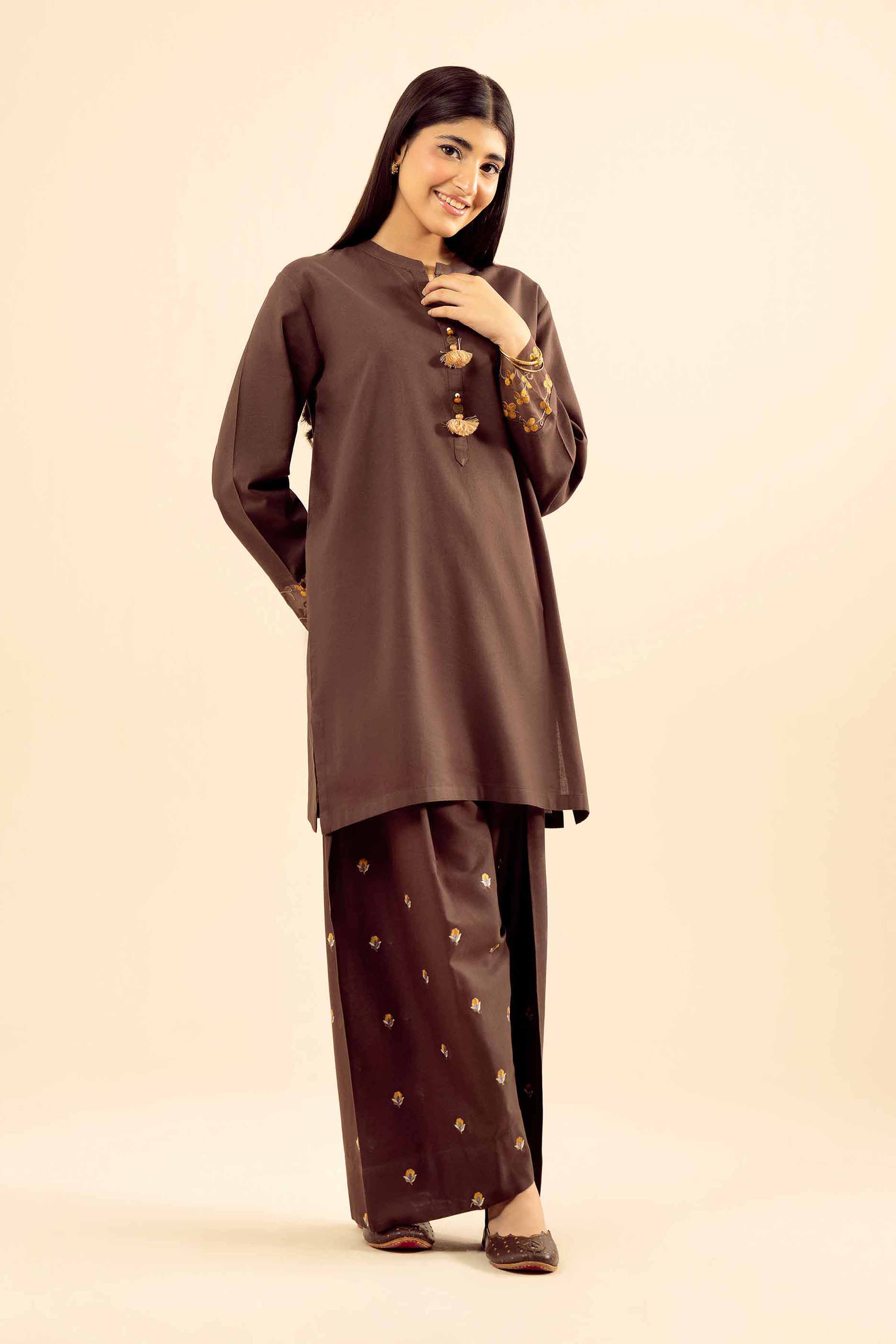 NISHATUAE - Brown Embroidered Cotton 2-piece Ready to wear Dress