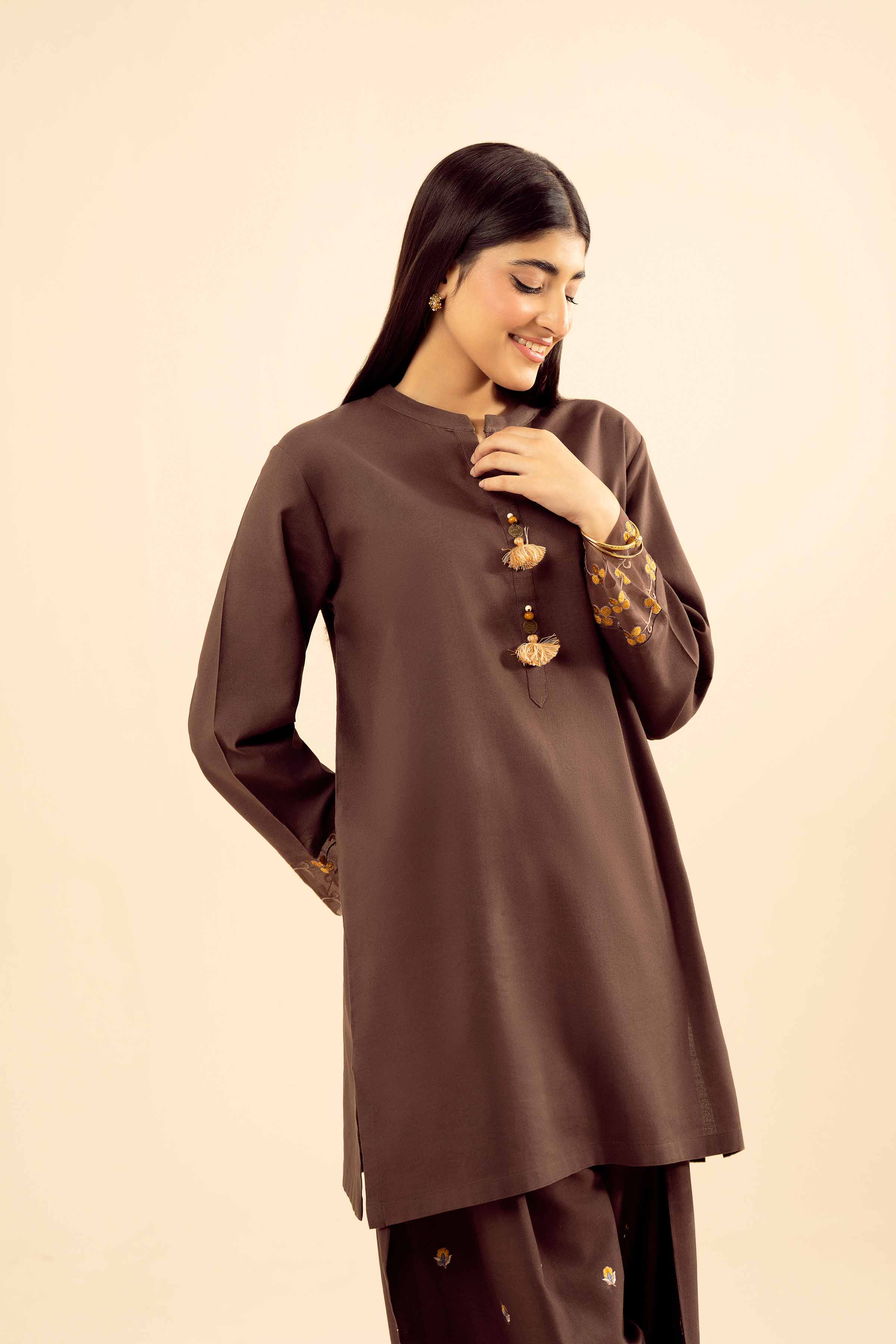 NISHATUAE - Brown Embroidered Cotton 2-piece Ready to wear Dress