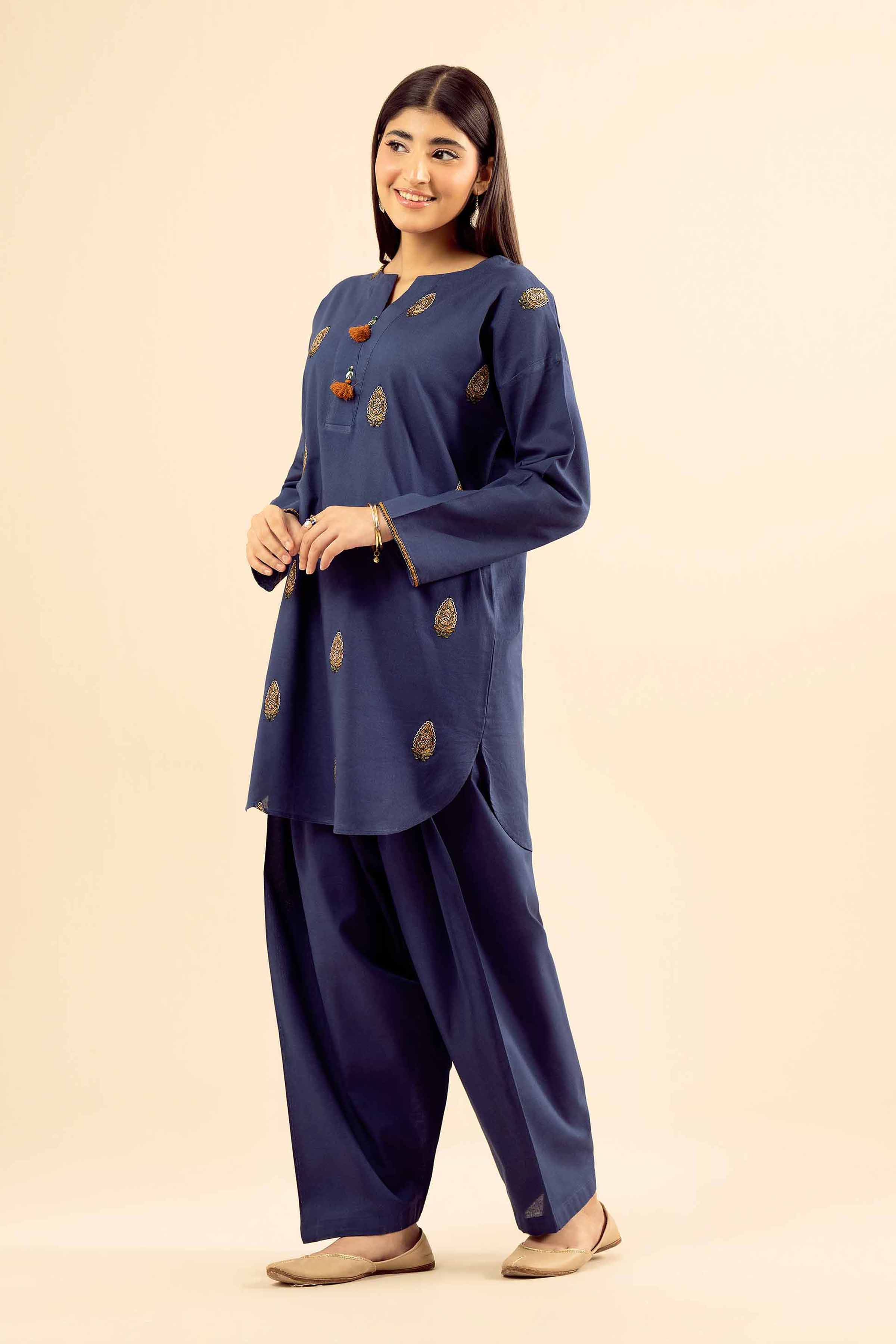 NISHATUAE - Blue Embroidered Cotton 2-piece Ready to wear Dress