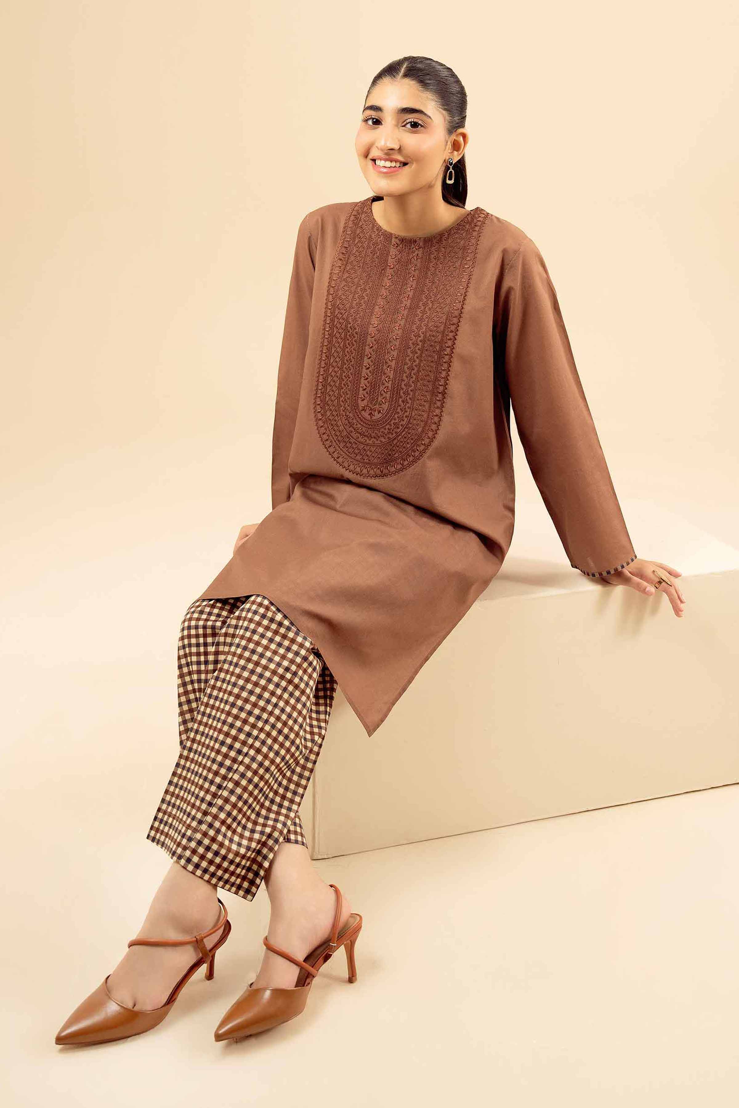 NISHATUAE - Brown Embroidered Cambric 2-piece Ready to wear Dress