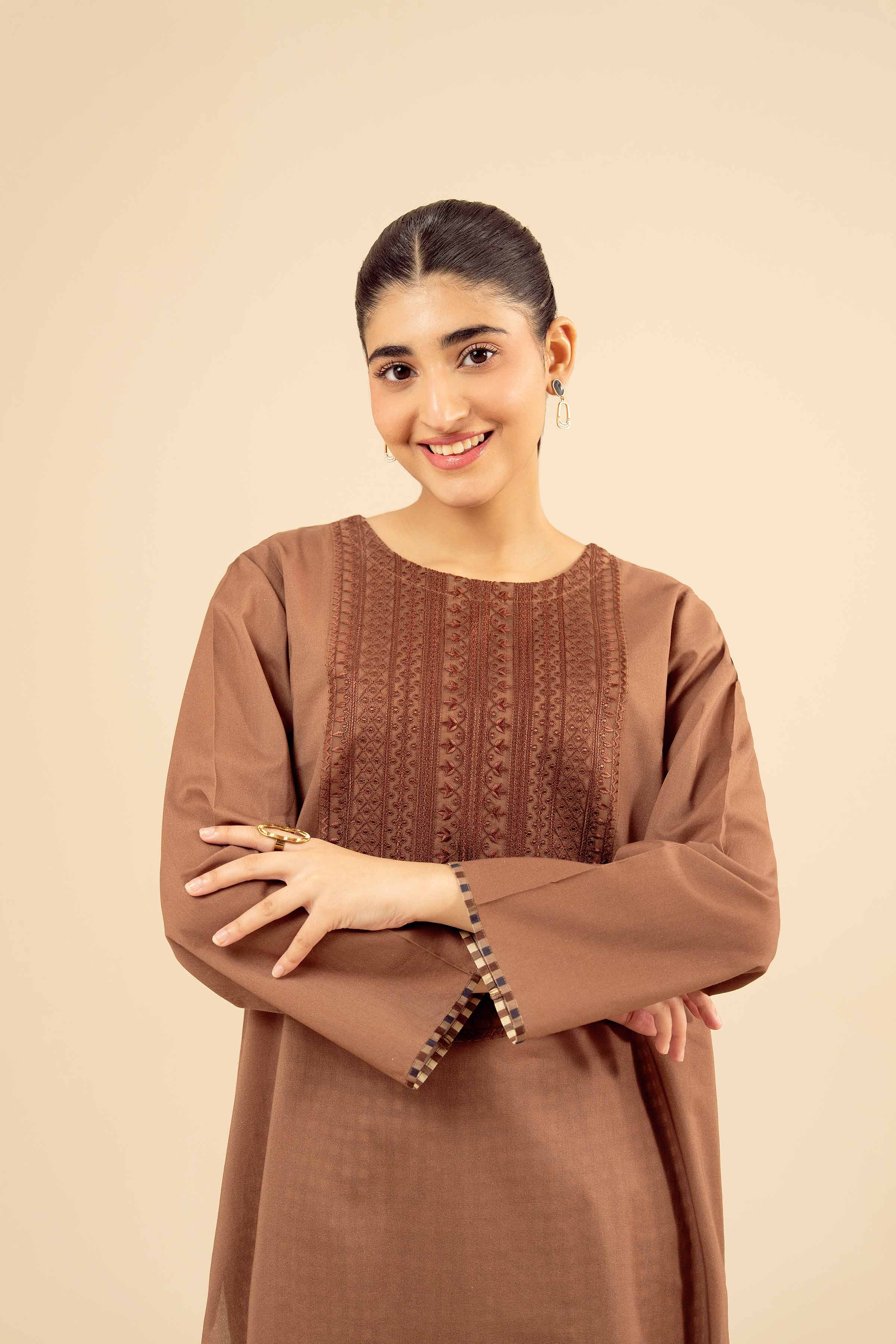 NISHATUAE - Brown Embroidered Cambric 2-piece Ready to wear Dress