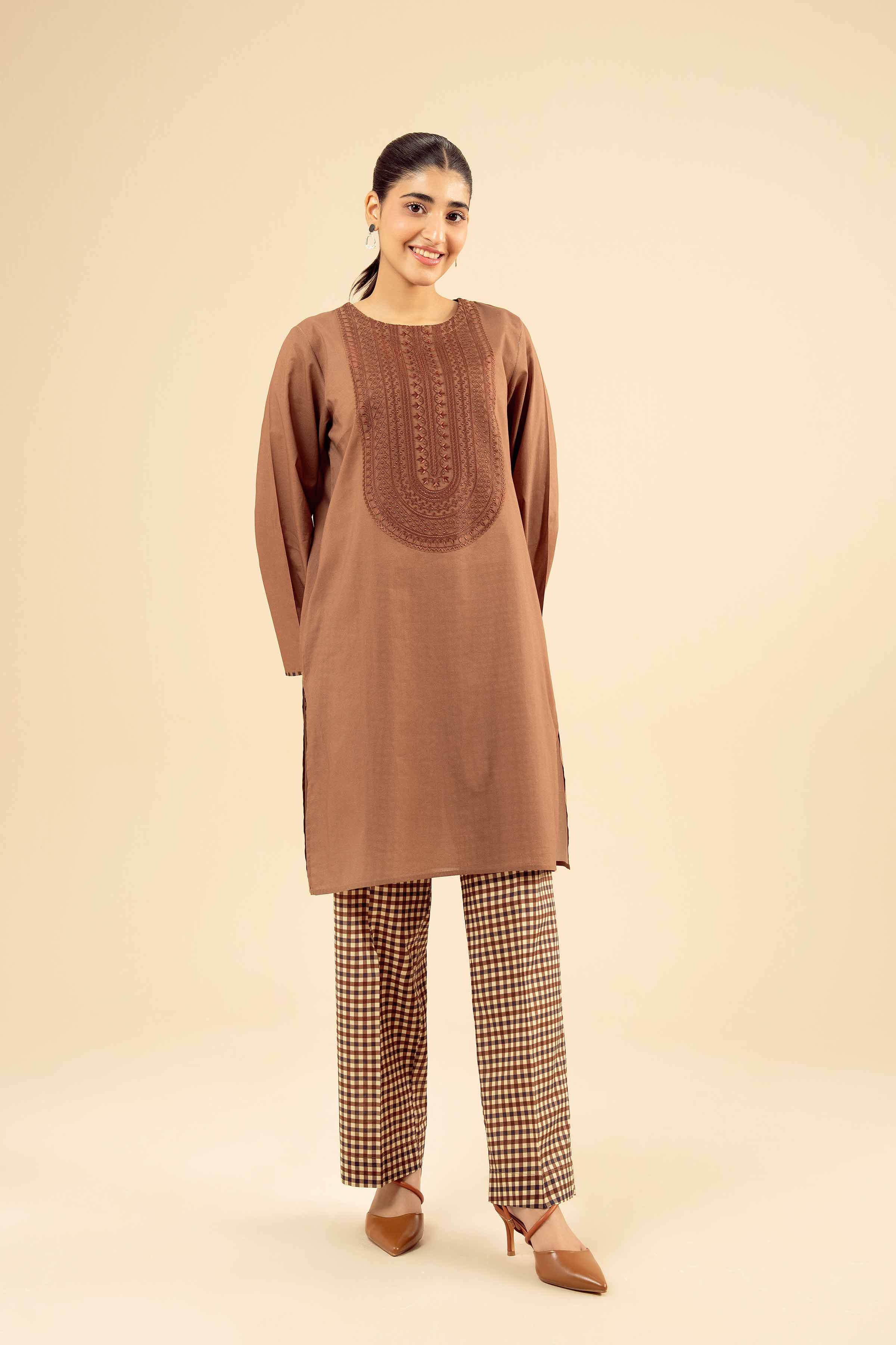 NISHATUAE - Brown Embroidered Cambric 2-piece Ready to wear Dress