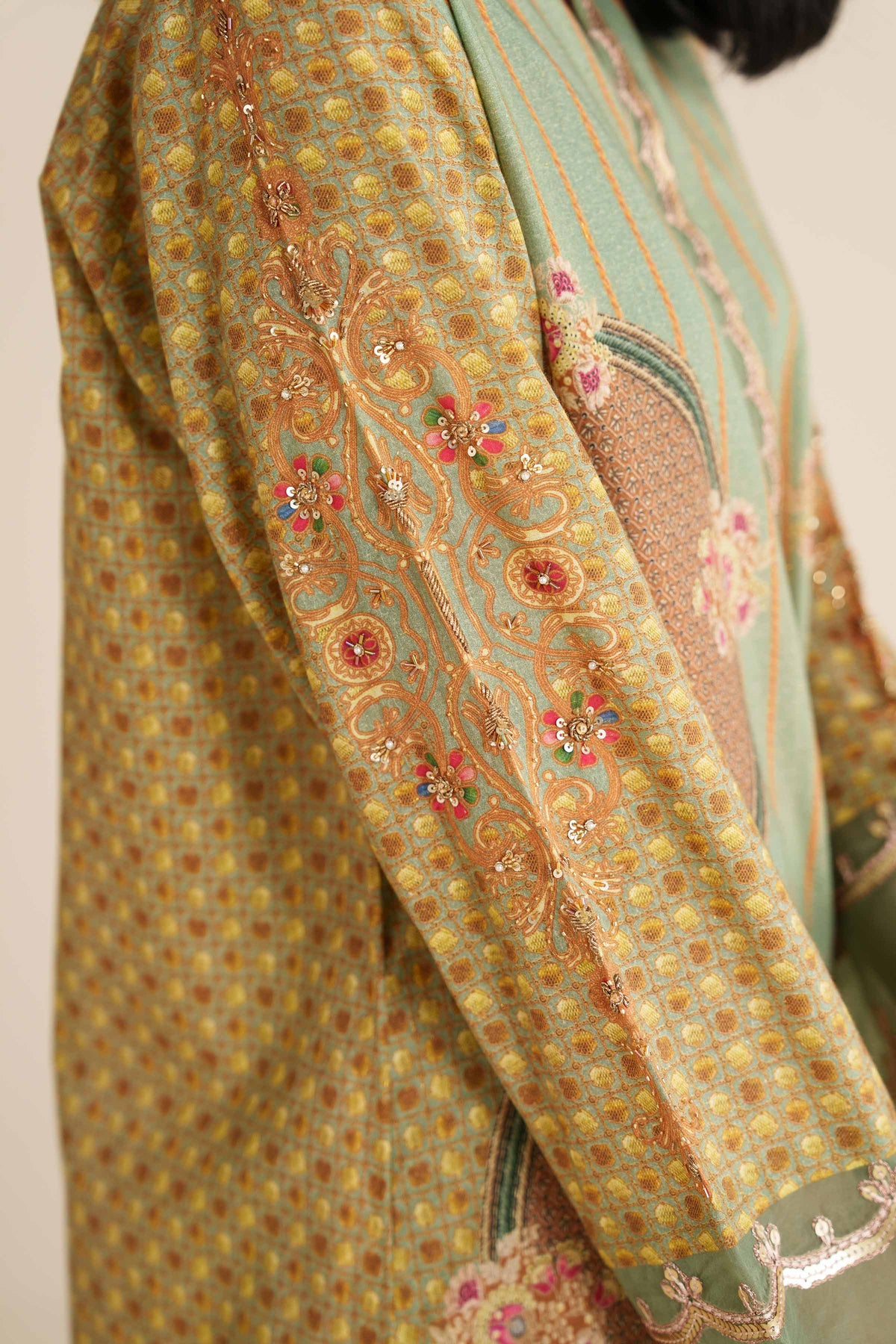 Green 2-Piece Printed Embroidered Suit in Gold Slub ready-to-wear