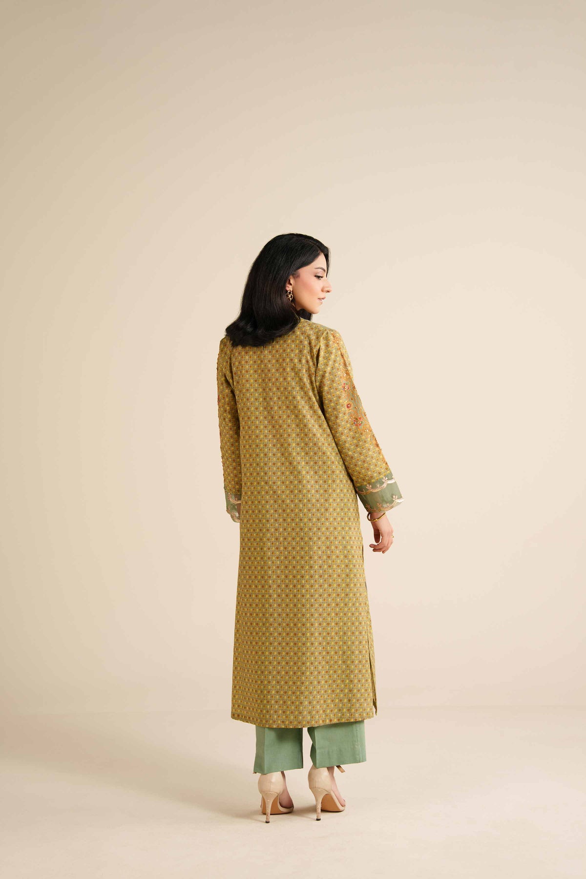 Green 2-Piece Printed Embroidered Suit in Gold Slub ready-to-wear