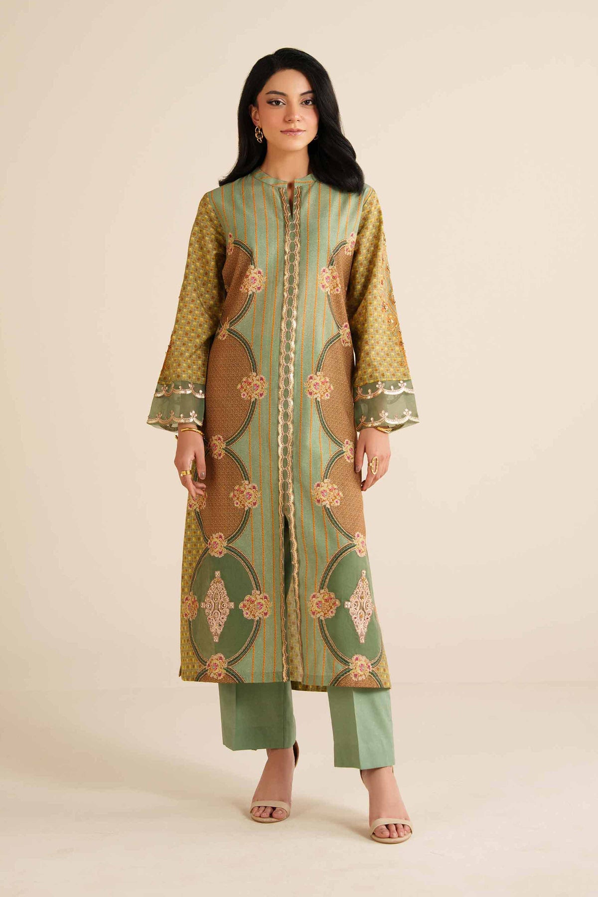 Green 2-Piece Printed Embroidered Suit in Gold Slub ready-to-wear