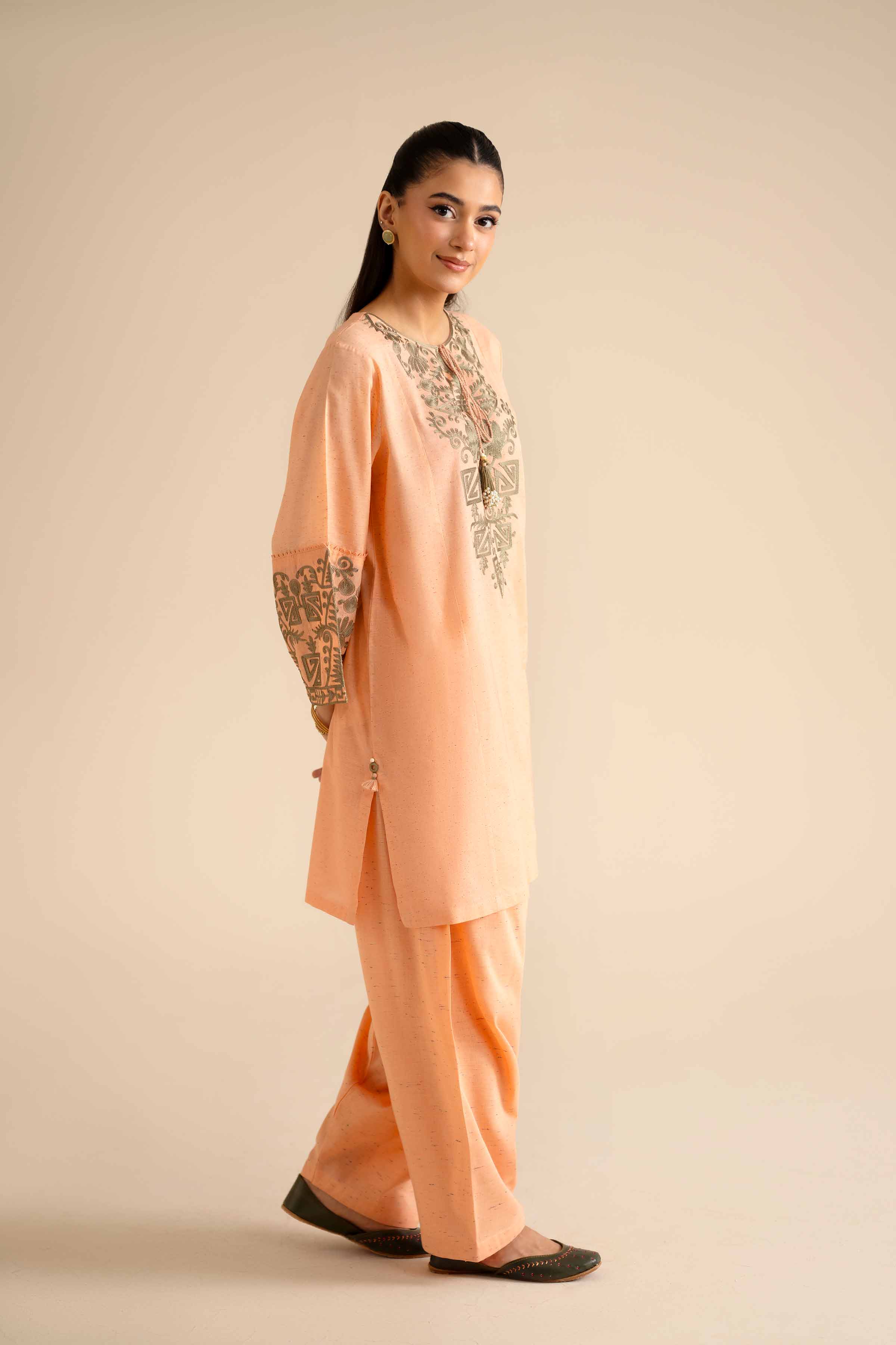 NISHATUAE - Orange Embroidered Khaddar 2-piece Ready to wear Dress
