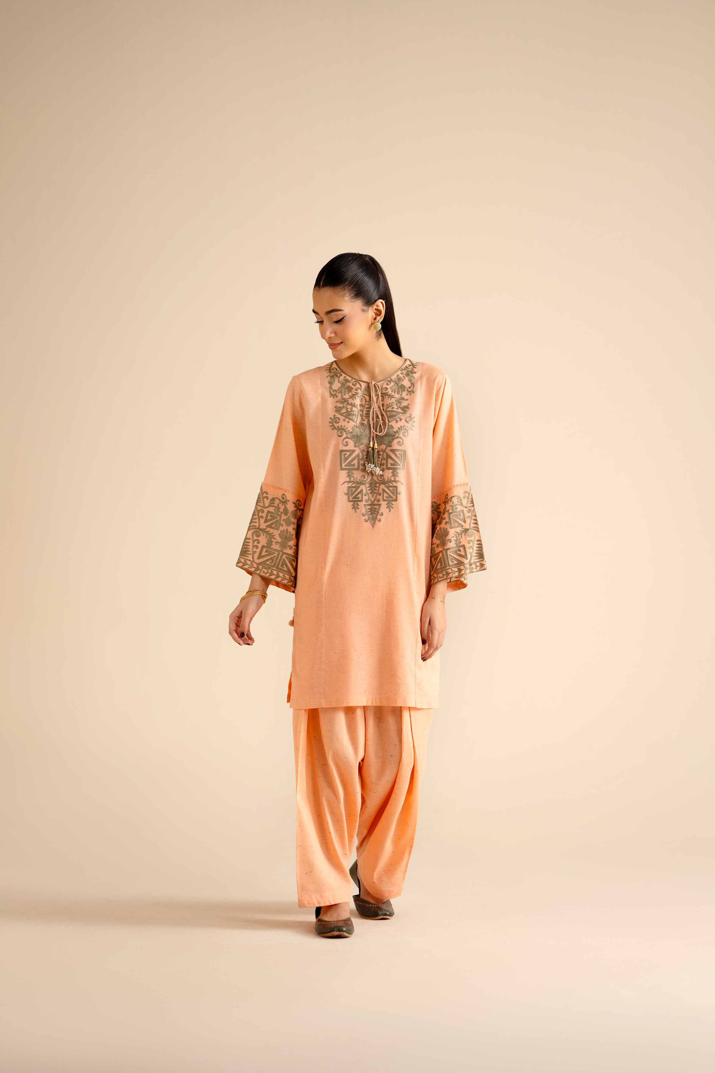 NISHATUAE - Orange Embroidered Khaddar 2-piece Ready to wear Dress