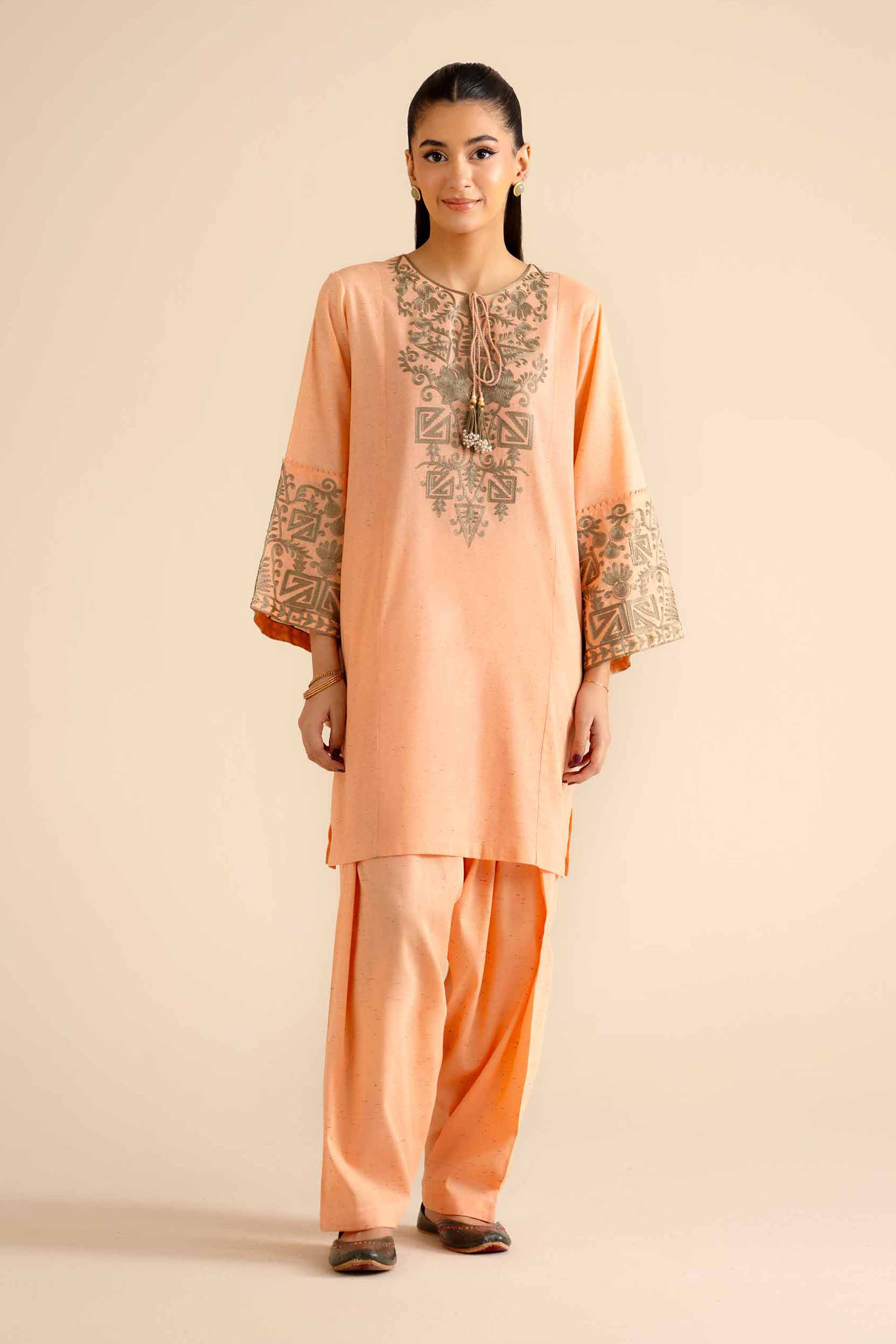 NISHATUAE - Orange Embroidered Khaddar 2-piece Ready to wear Dress