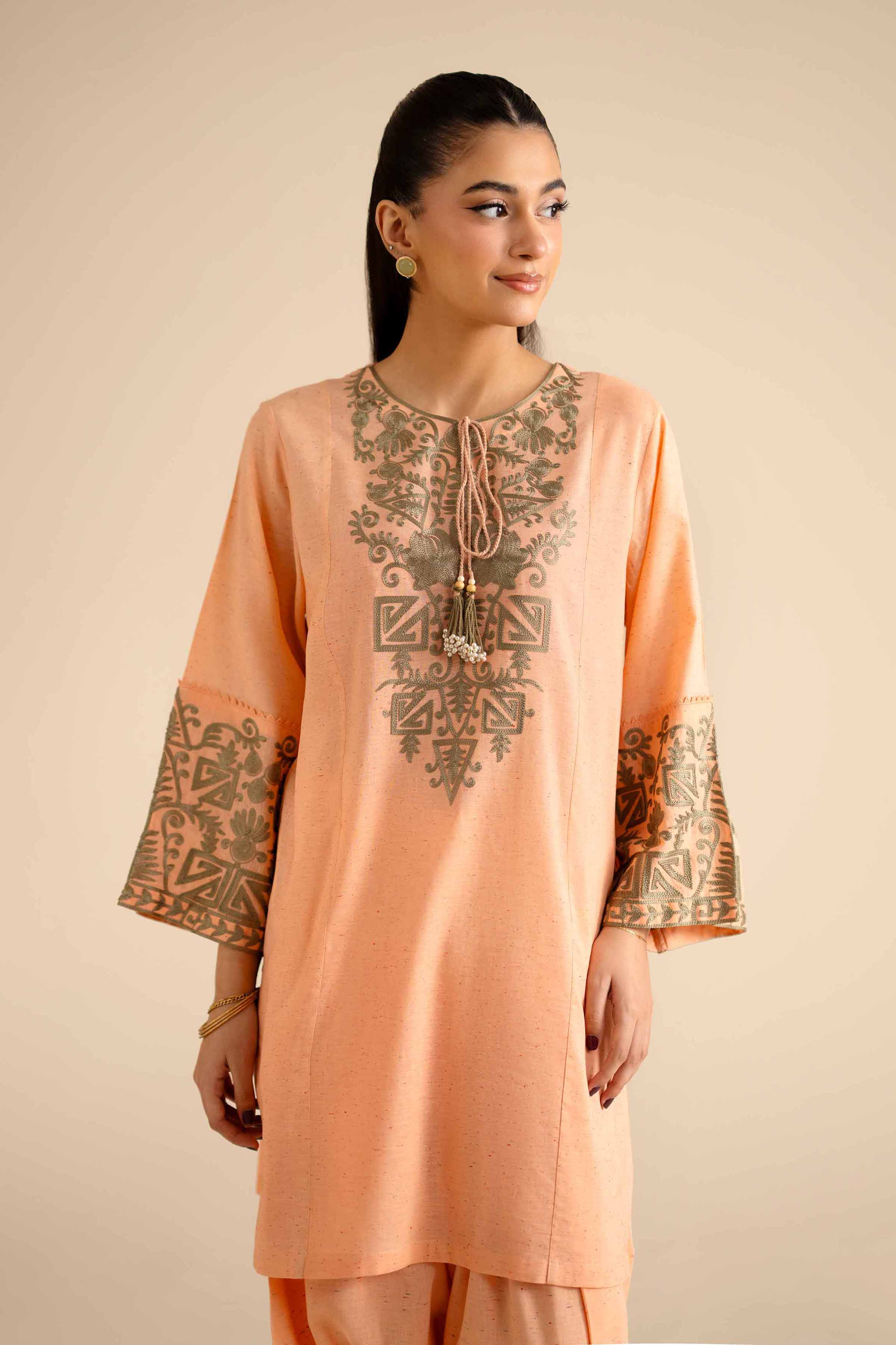NISHATUAE - Orange Embroidered Khaddar 2-piece Ready to wear Dress
