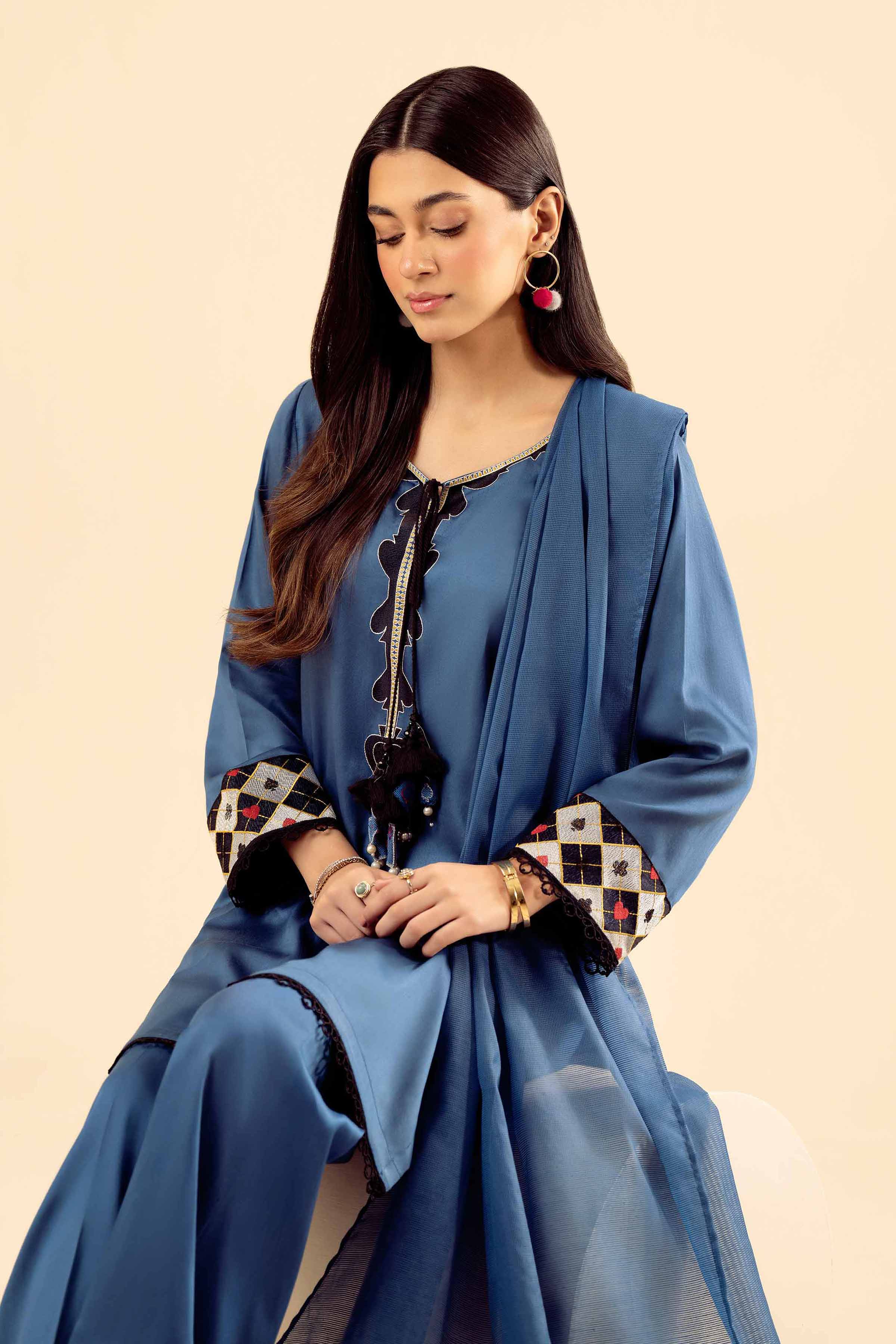 NISHATUAE - Blue Solids Satin 3-piece Ready to wear Suit