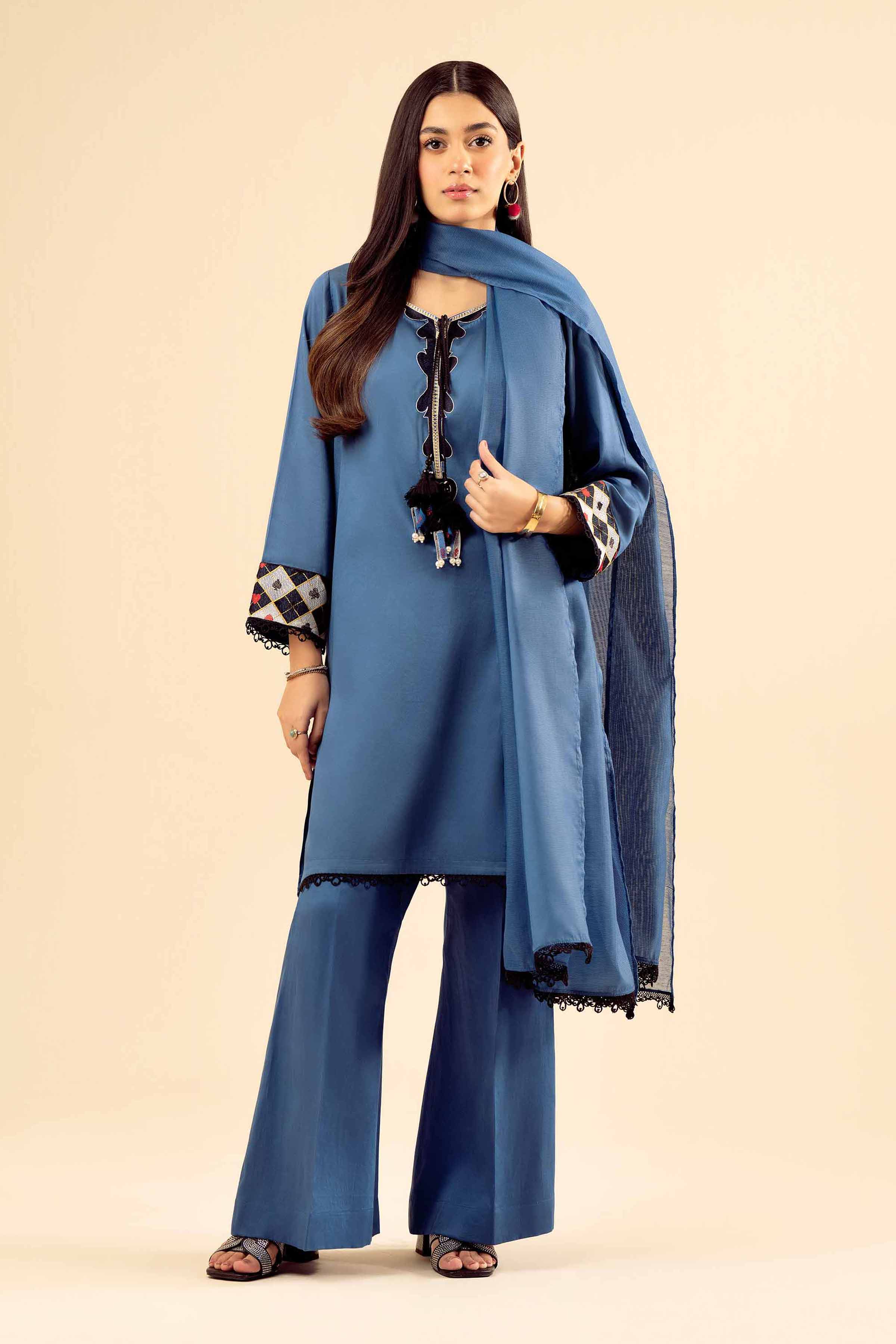 NISHATUAE - Blue Solids Satin 3-piece Ready to wear Suit