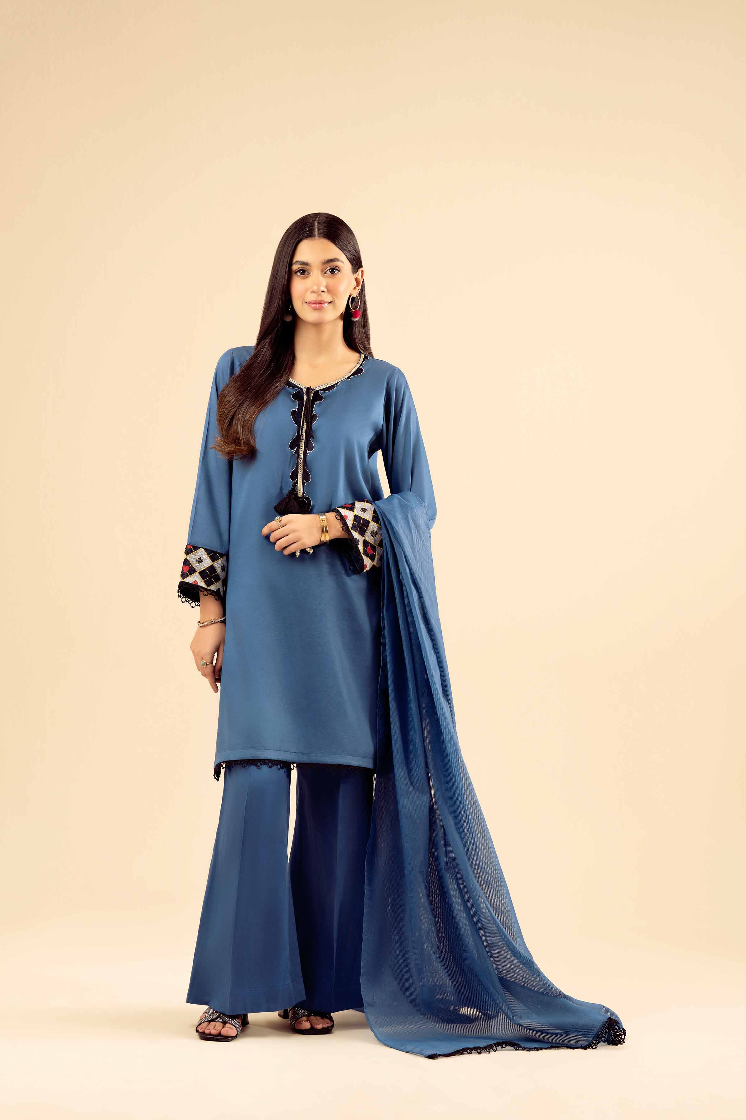 NISHATUAE - Blue Solids Satin 3-piece Ready to wear Suit