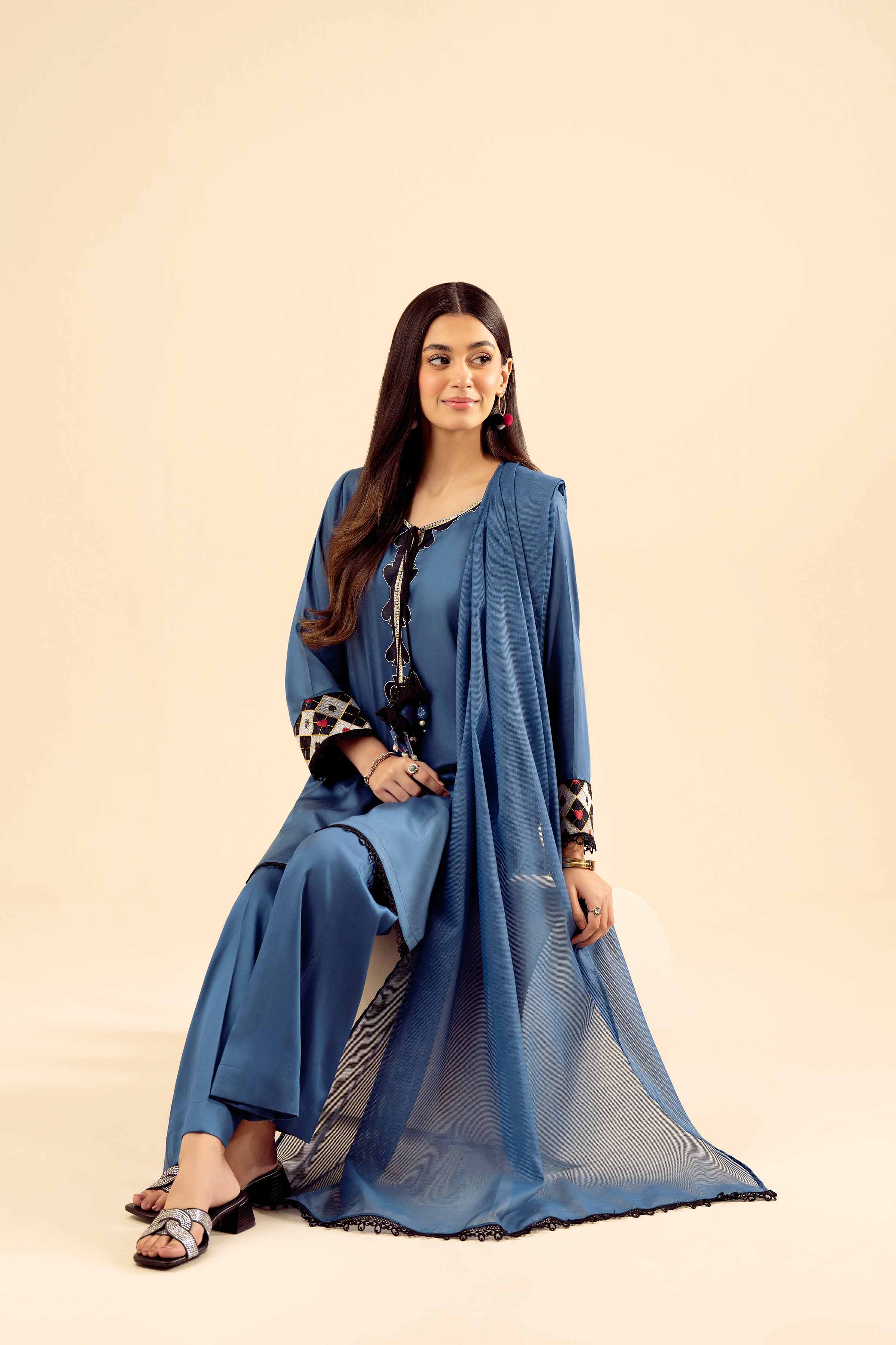 NISHATUAE - Blue Solids Satin 3-piece Ready to wear Suit