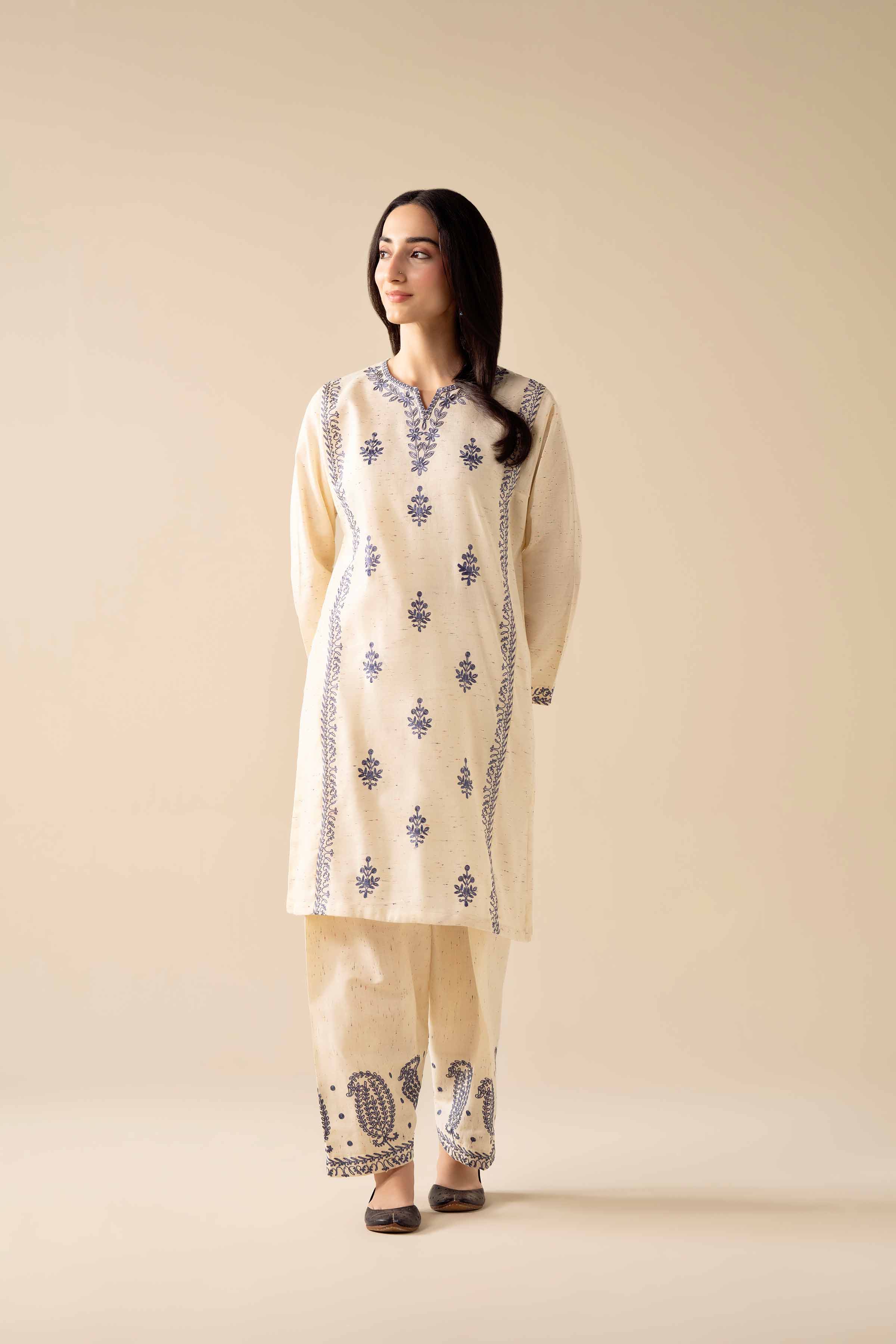 NishatUAE - Off White Embroidered Khaddar 2-piece Ready To Wear Dress