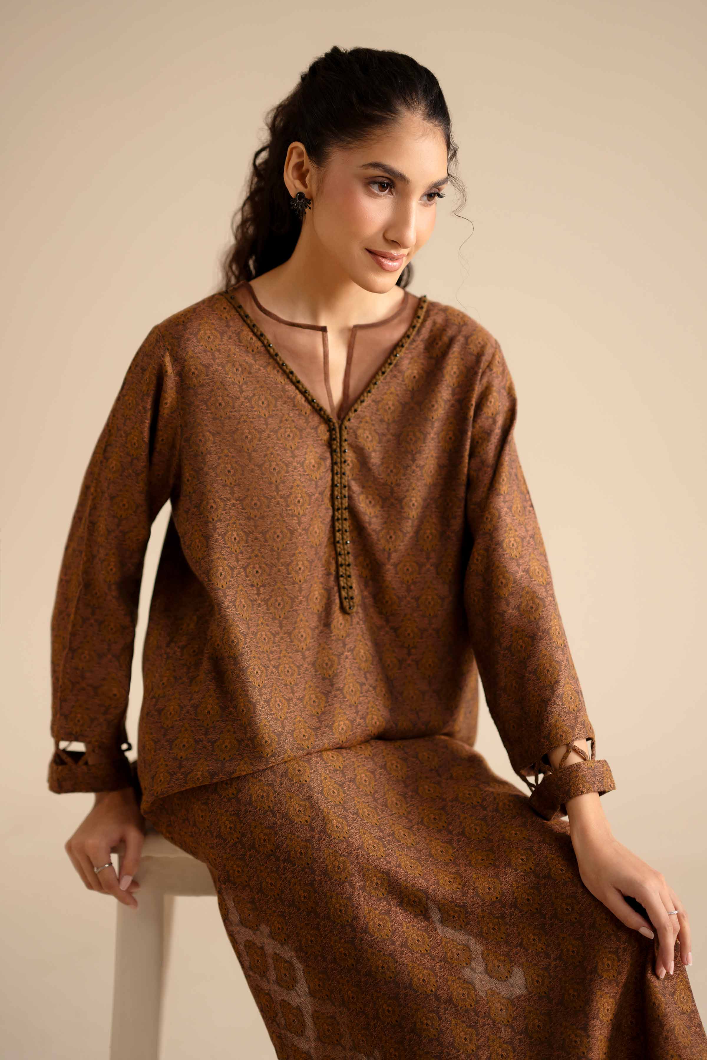 NISHATUAE - Brown Printed Jamawar 2-piece Ready to wear Dress