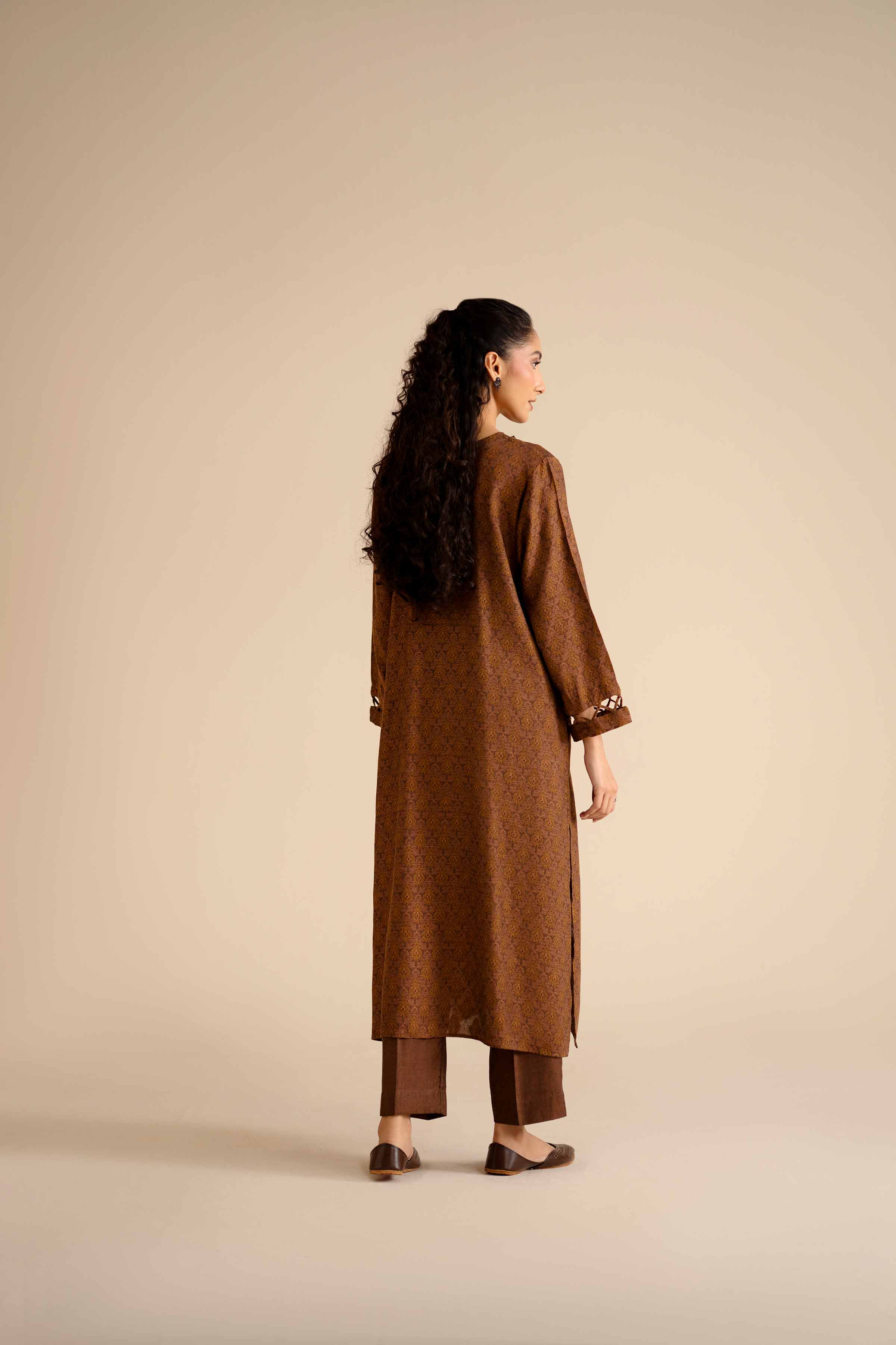 NISHATUAE - Brown Printed Jamawar 2-piece Ready to wear Dress