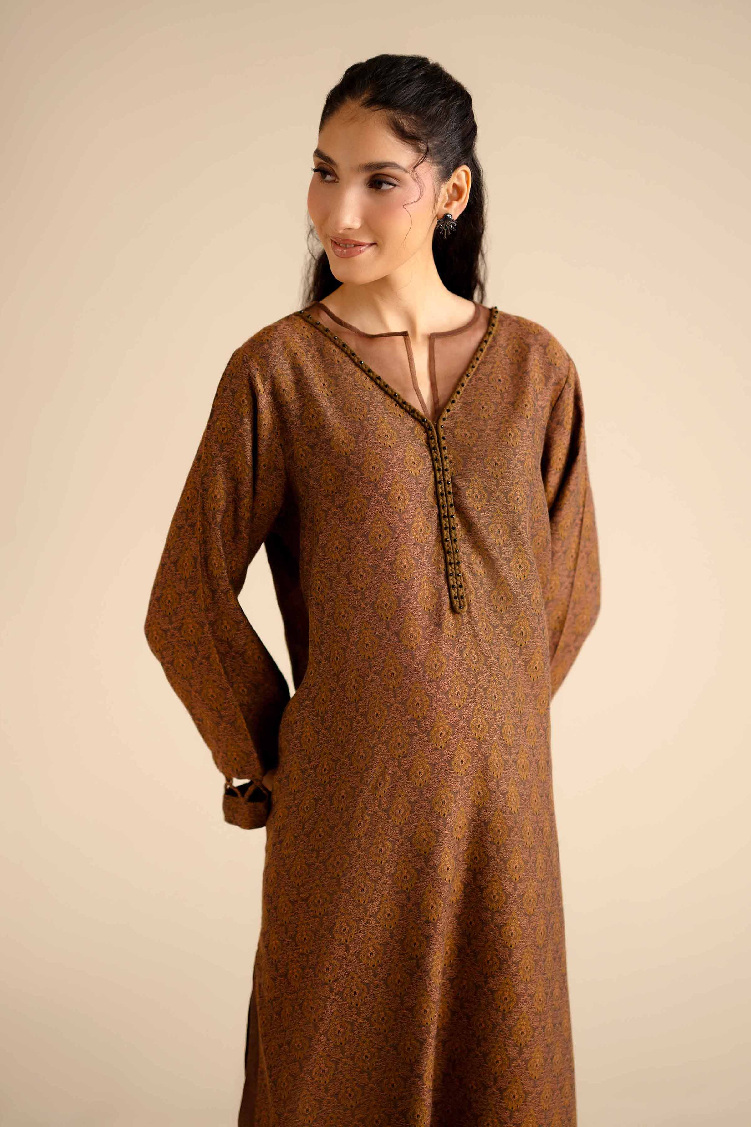 NISHATUAE - Brown Printed Jamawar 2-piece Ready to wear Dress