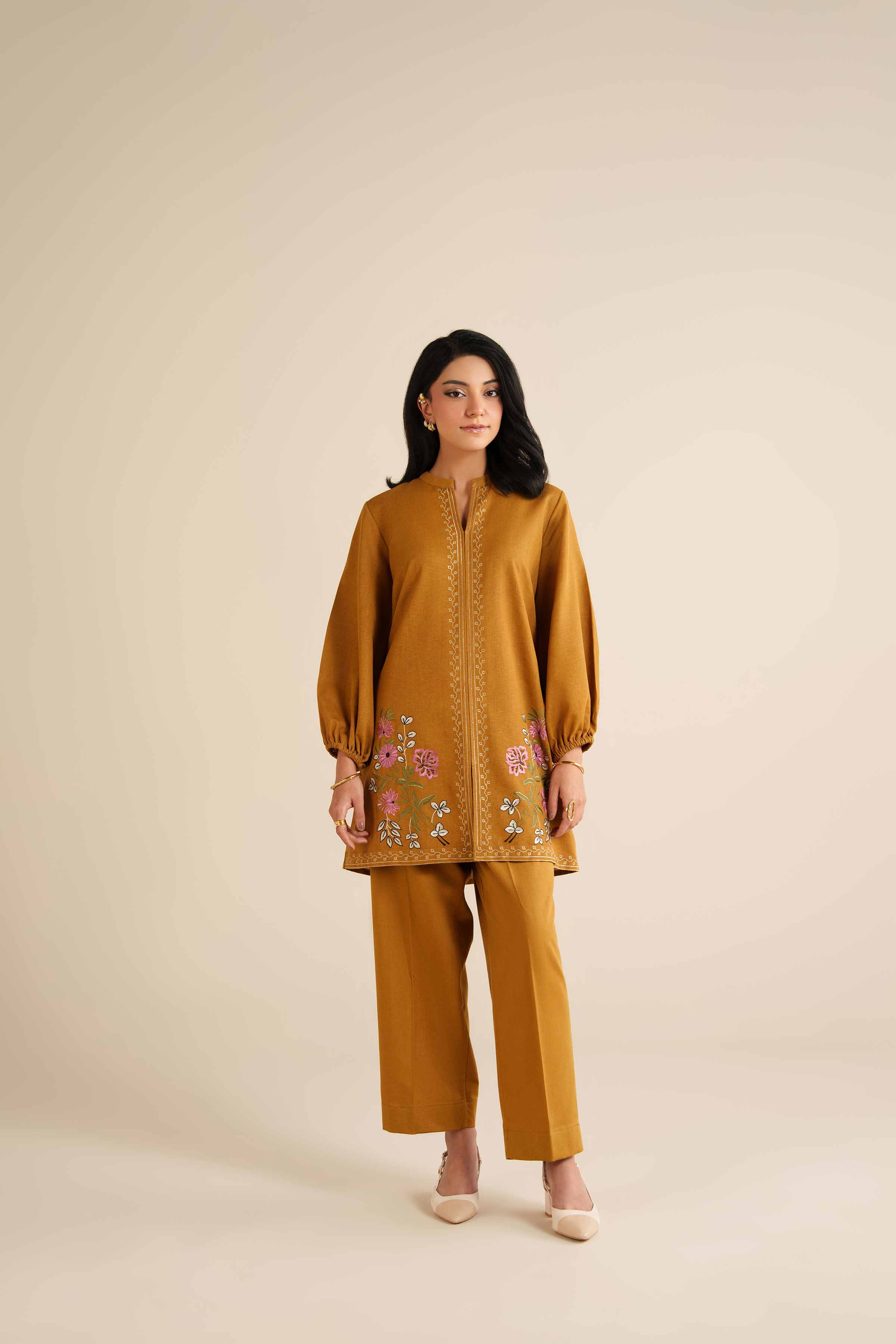 NISHATUAE - Mustard Embroidered Karandi 2-piece Ready to wear Dress