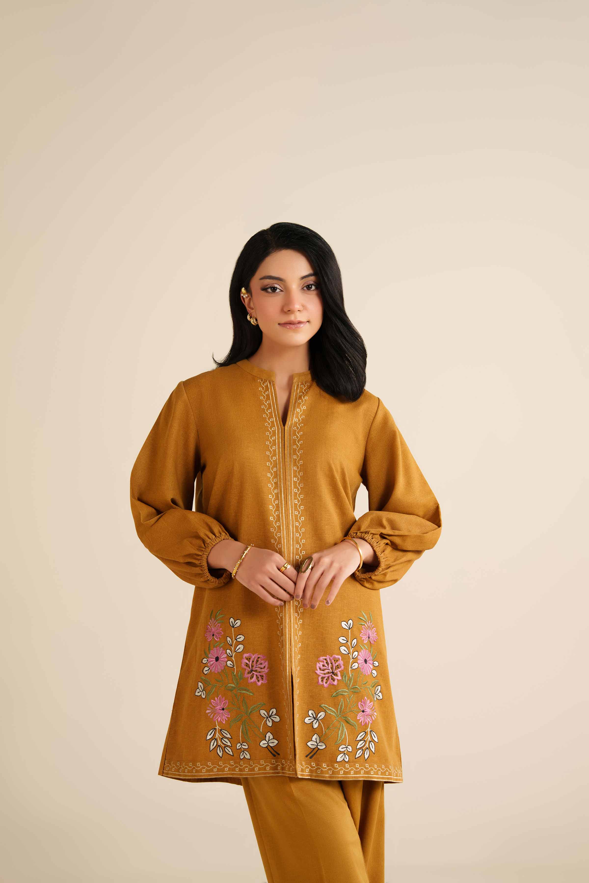 NISHATUAE - Mustard Embroidered Karandi 2-piece Ready to wear Dress