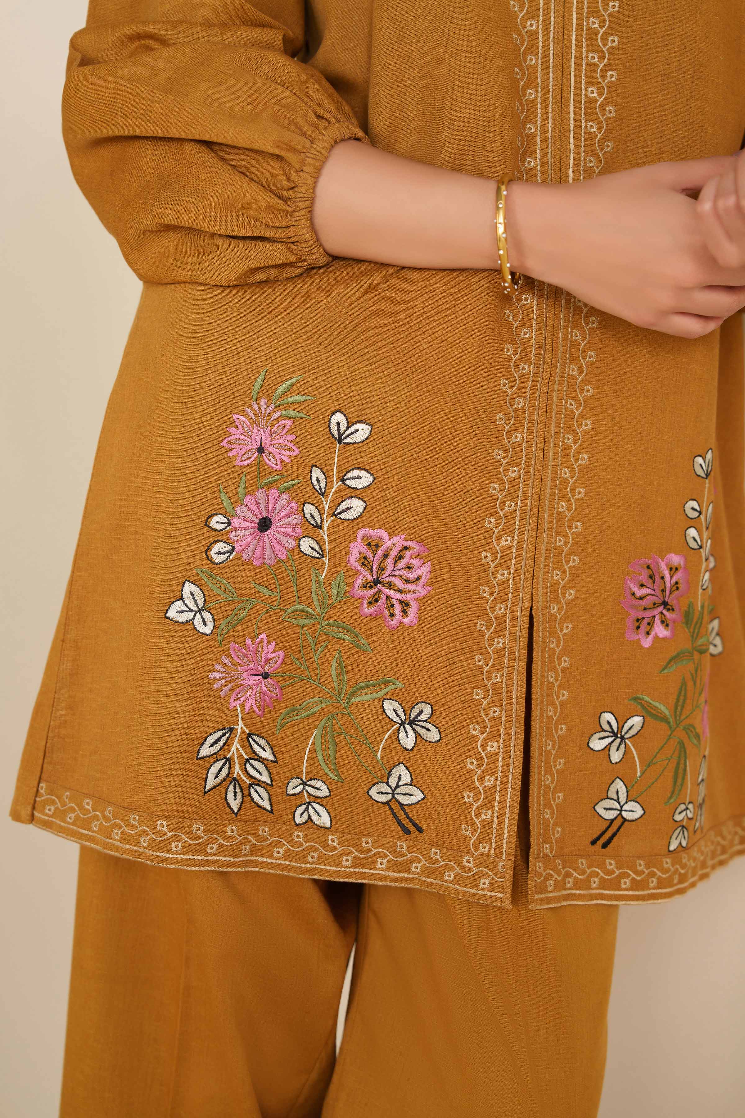 NISHATUAE - Mustard Embroidered Karandi 2-piece Ready to wear Dress