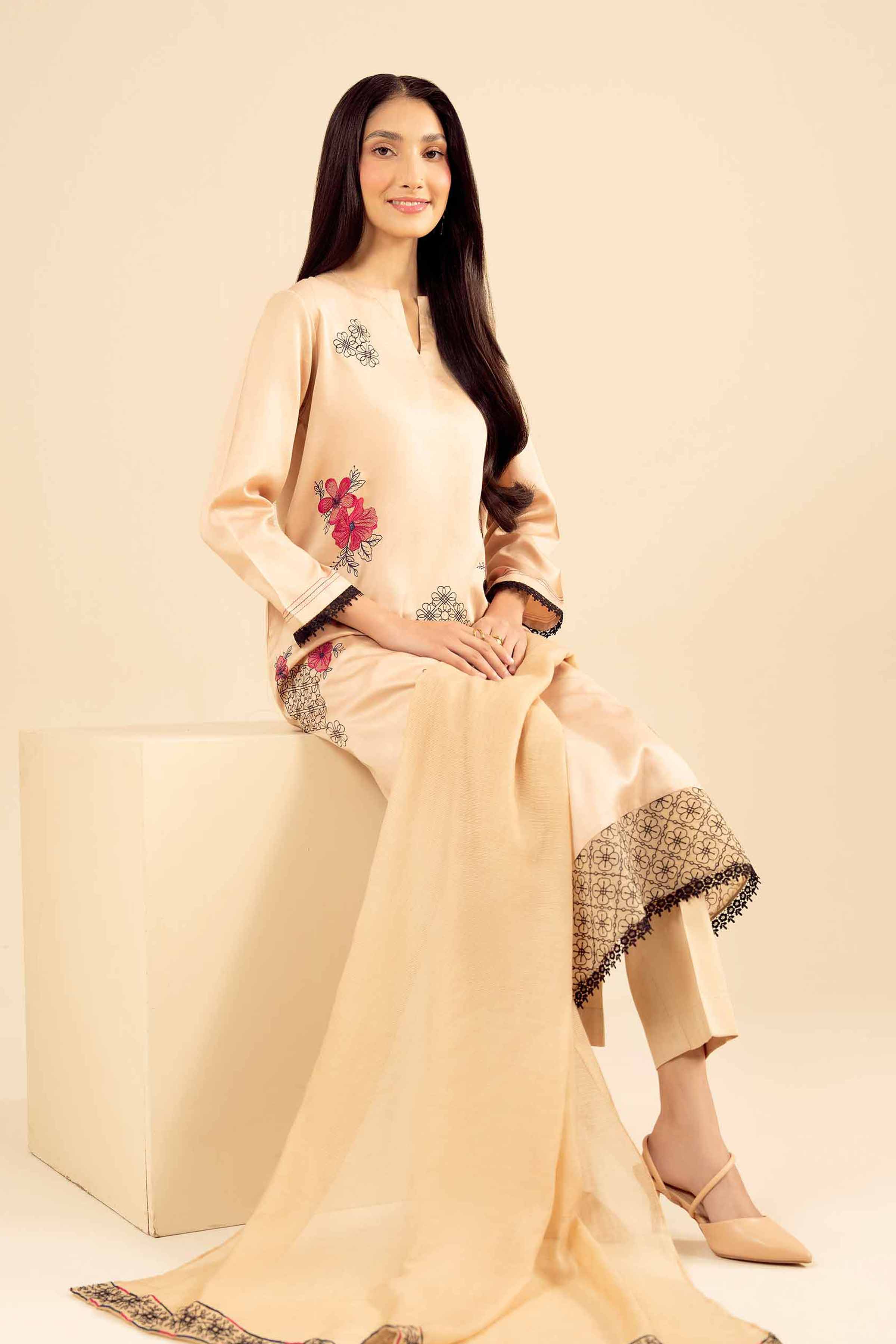 NISHATUAE - Yellow Embroidered Satin 3-piece Ready to wear Suit