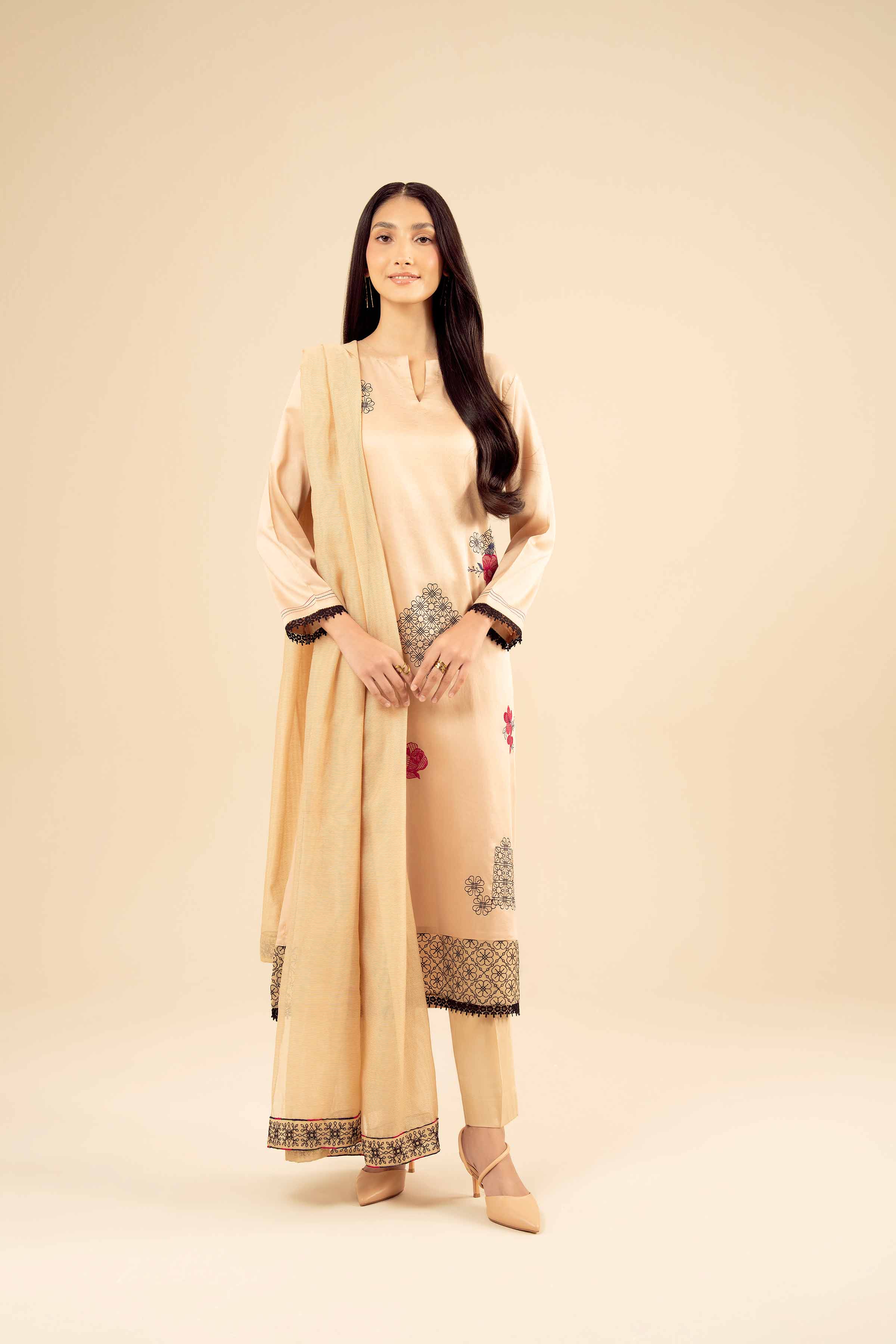 NISHATUAE - Yellow Embroidered Satin 3-piece Ready to wear Suit