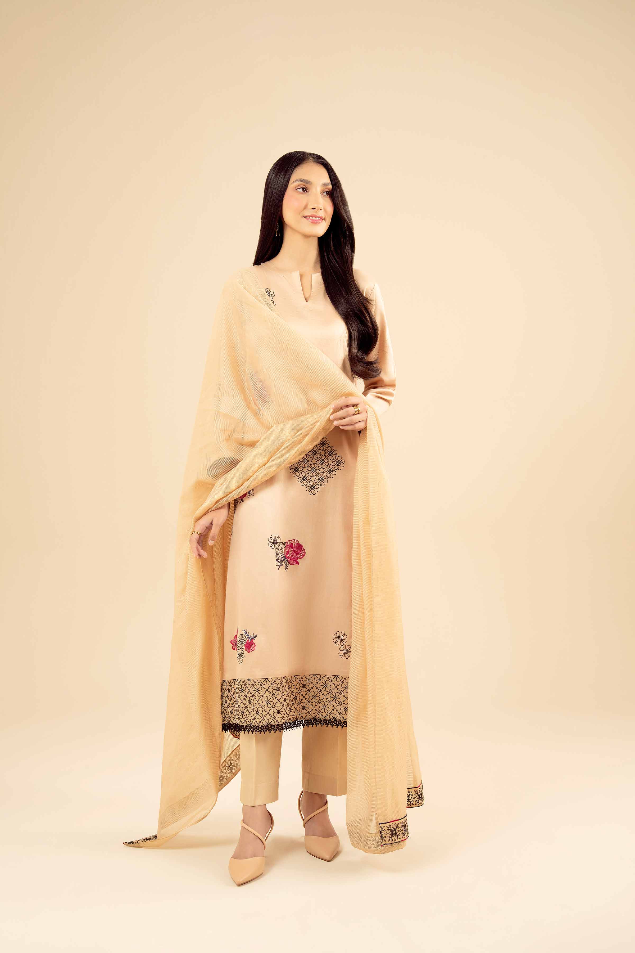 NISHATUAE - Yellow Embroidered Satin 3-piece Ready to wear Suit