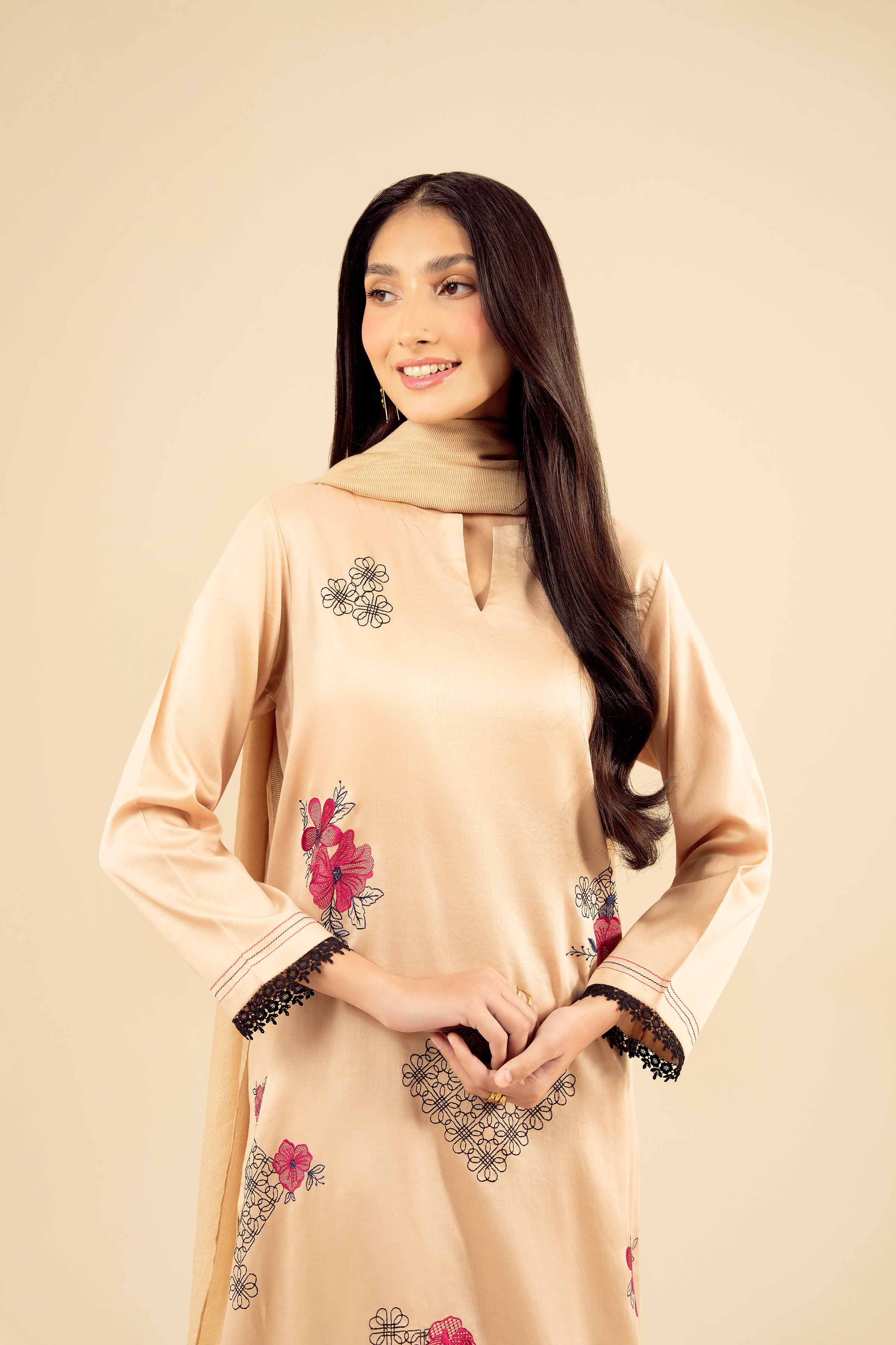 NISHATUAE - Yellow Embroidered Satin 3-piece Ready to wear Suit