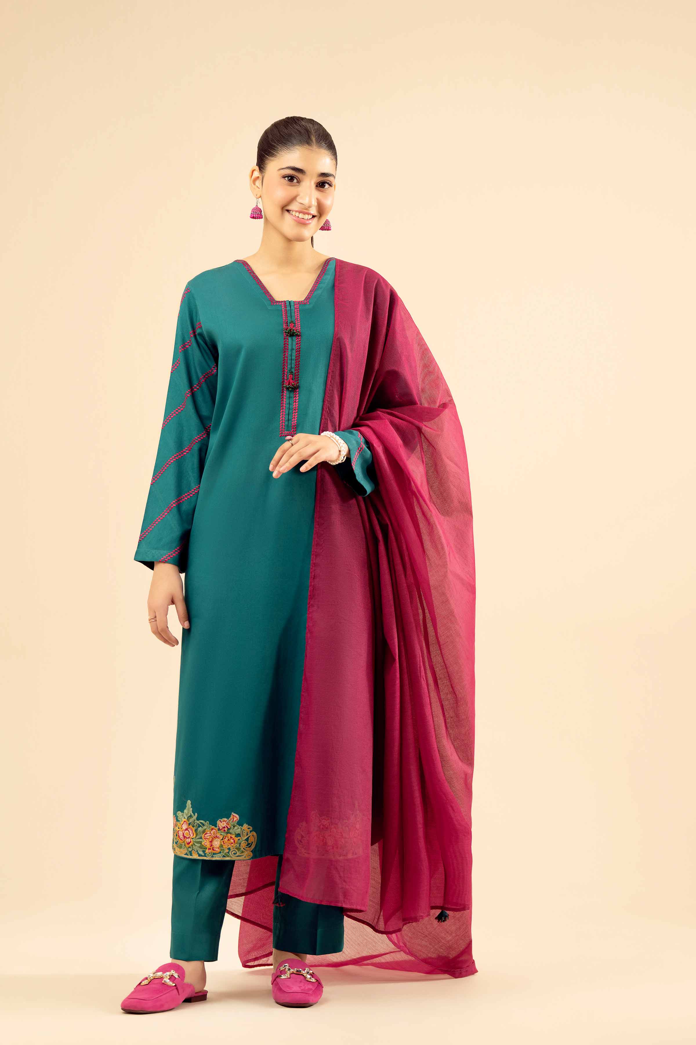 NISHATUAE - Green Embroidered Satin 3-piece Ready to wear Suit