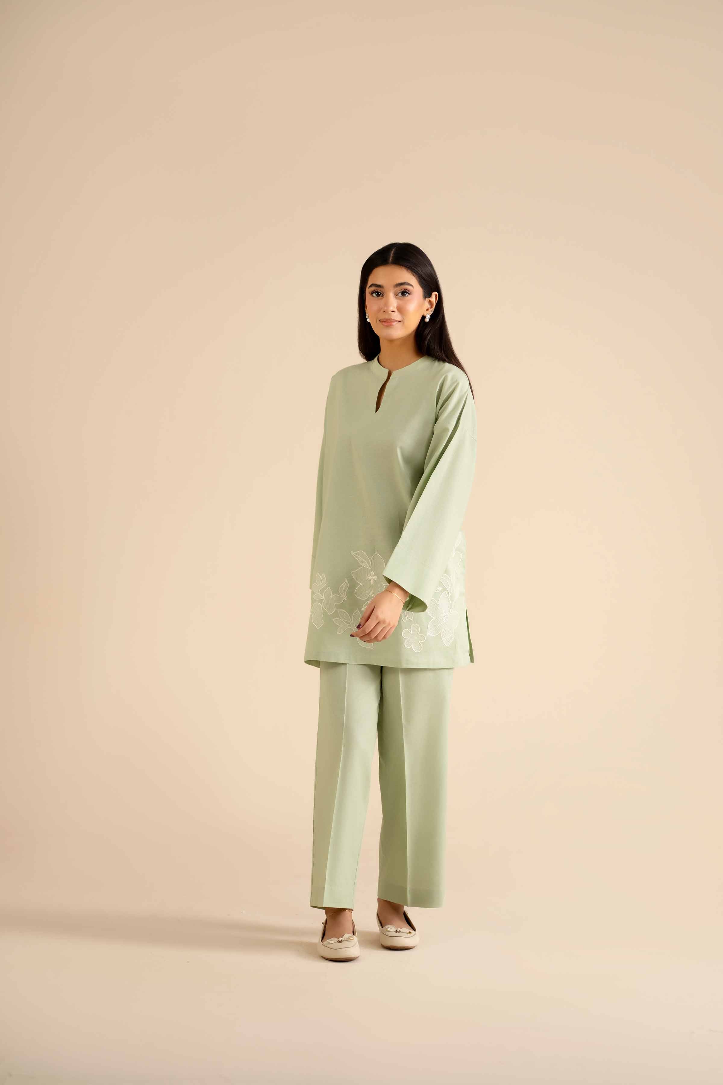 NISHATUAE - Green Embroidered Cotton 2-piece Ready to wear Dress