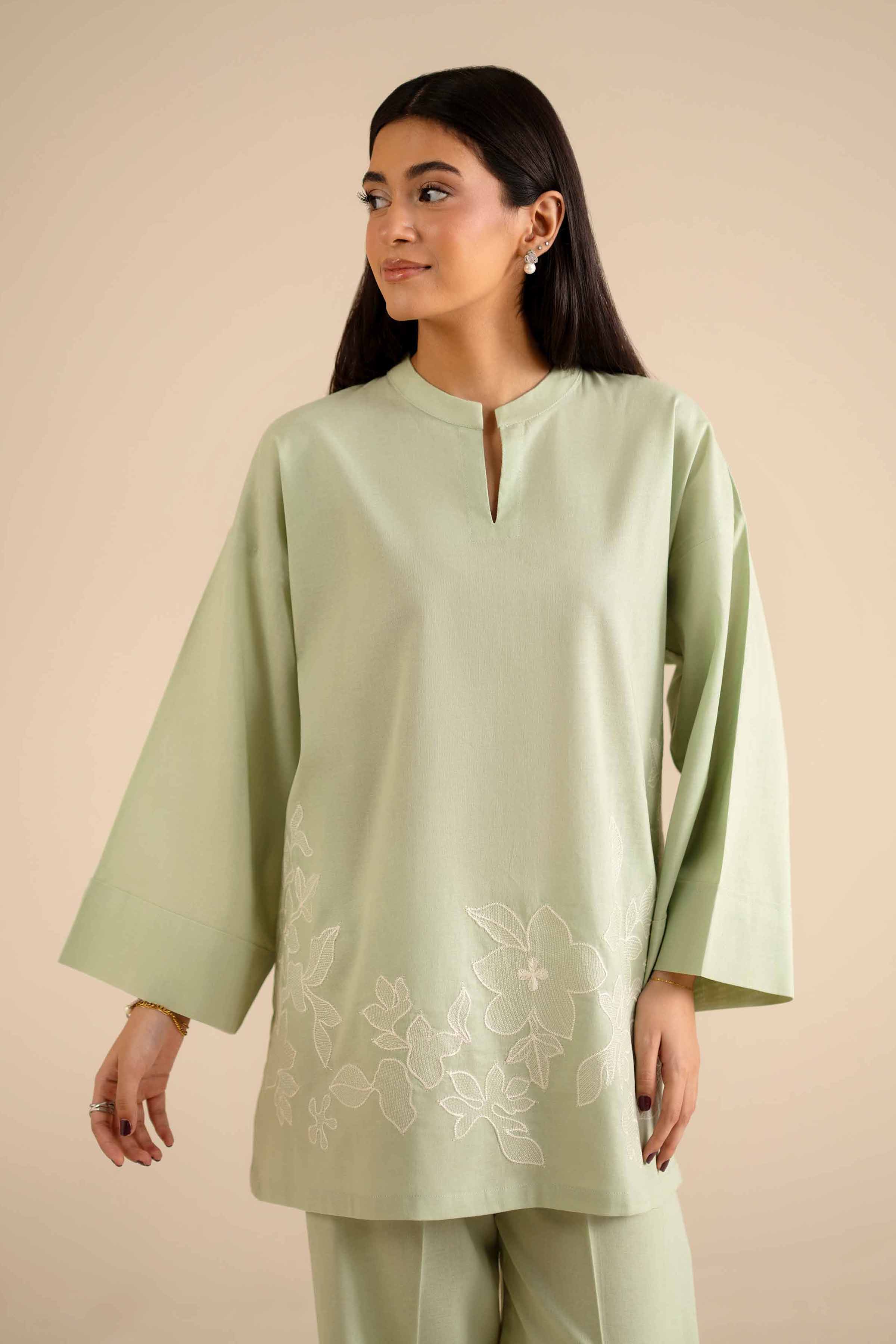 NISHATUAE - Green Embroidered Cotton 2-piece Ready to wear Dress