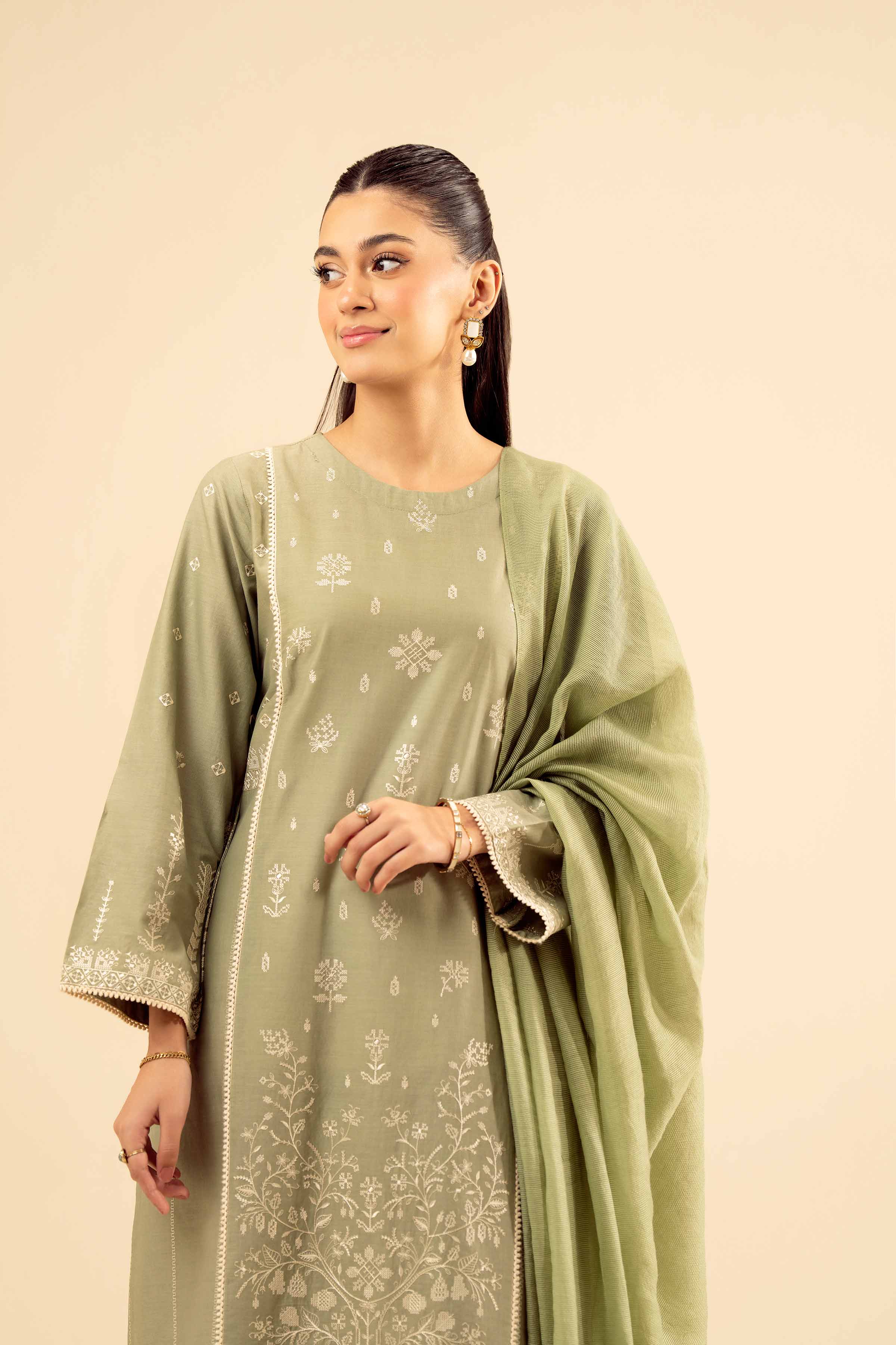 NISHATUAE - Green Embroidered Cambric 2-piece Ready to wear Dress