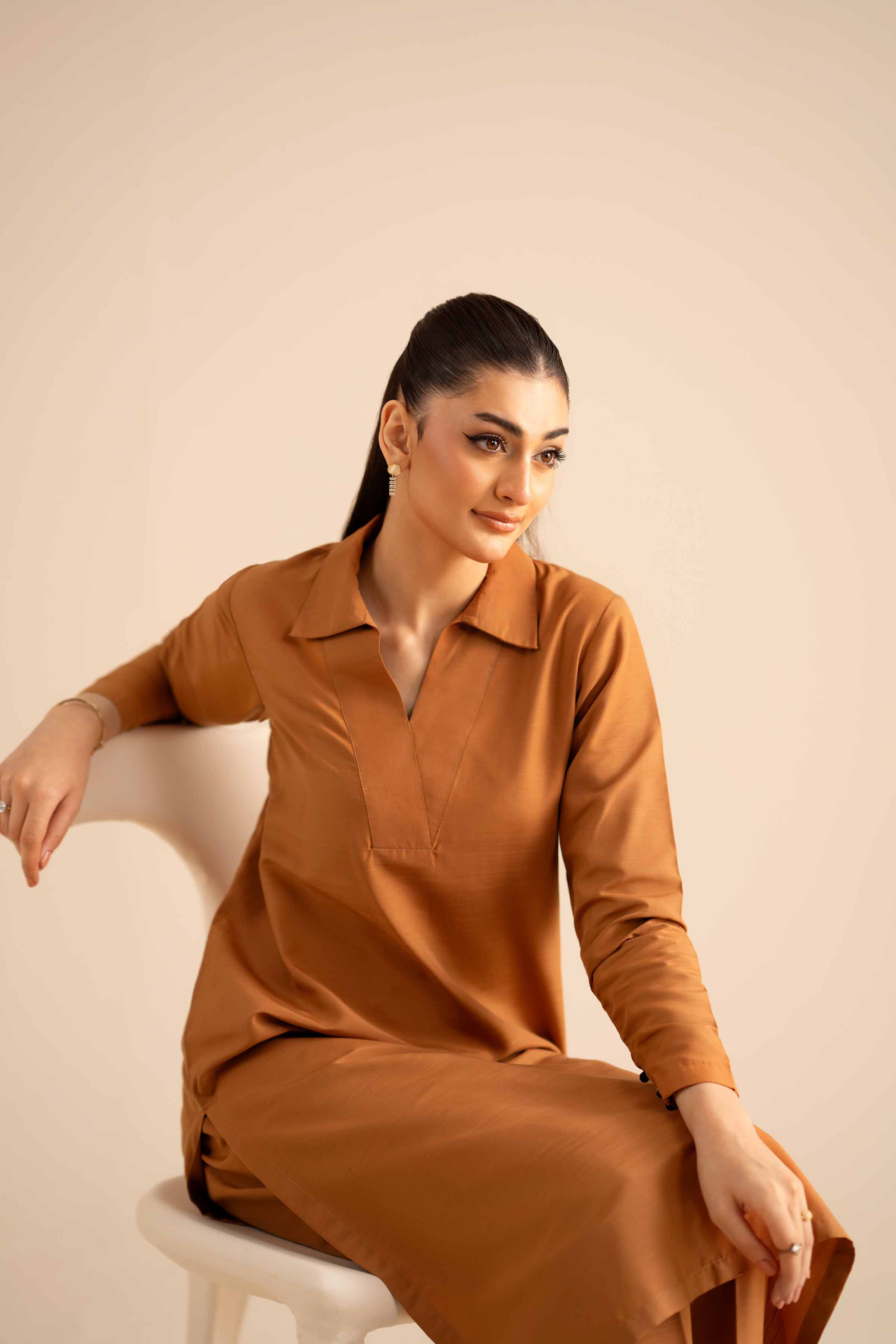 NISHATUAE - Brown Solids Silk 2-piece Ready to wear Dress