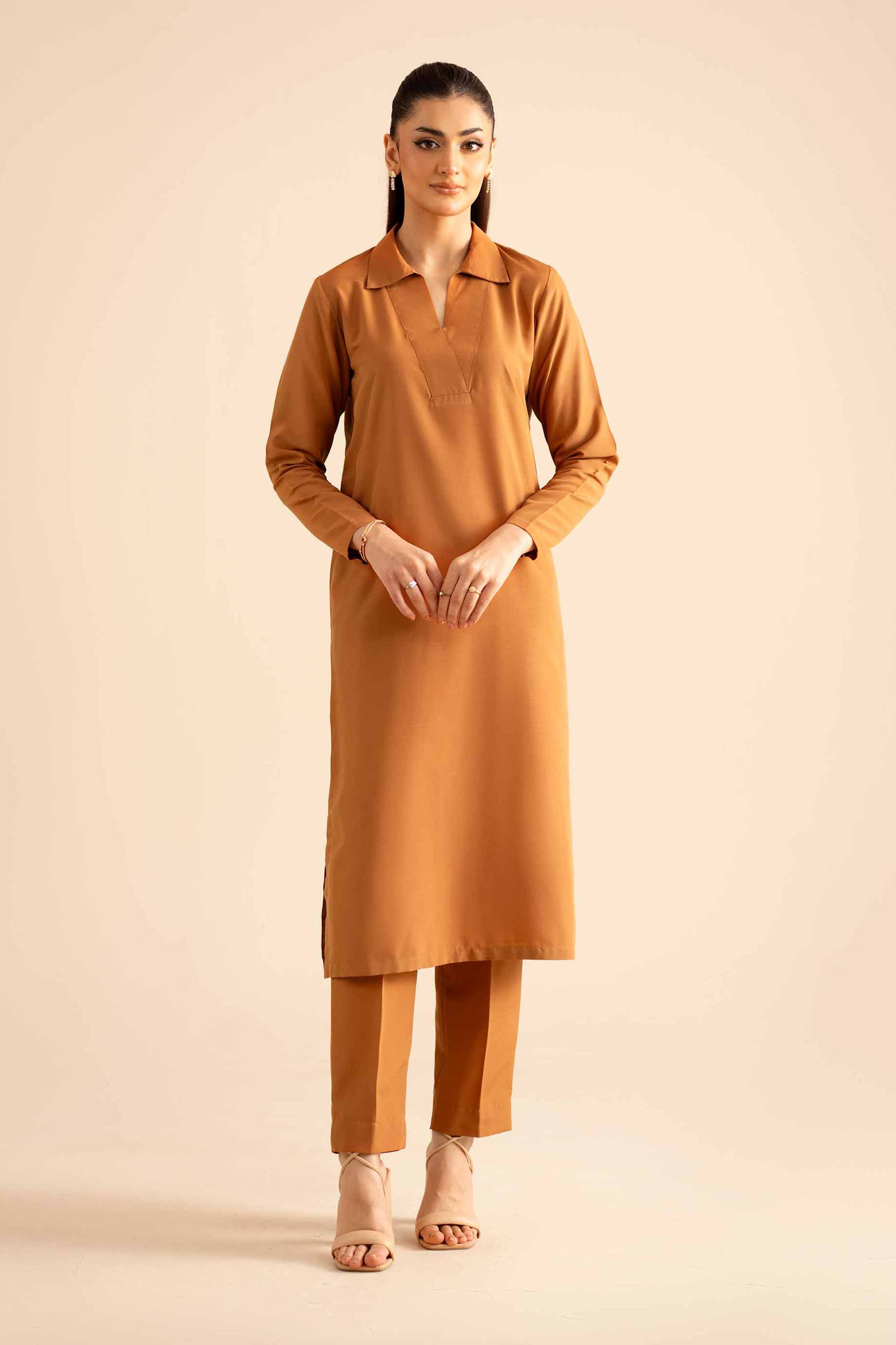 NISHATUAE - Brown Solids Silk 2-piece Ready to wear Dress