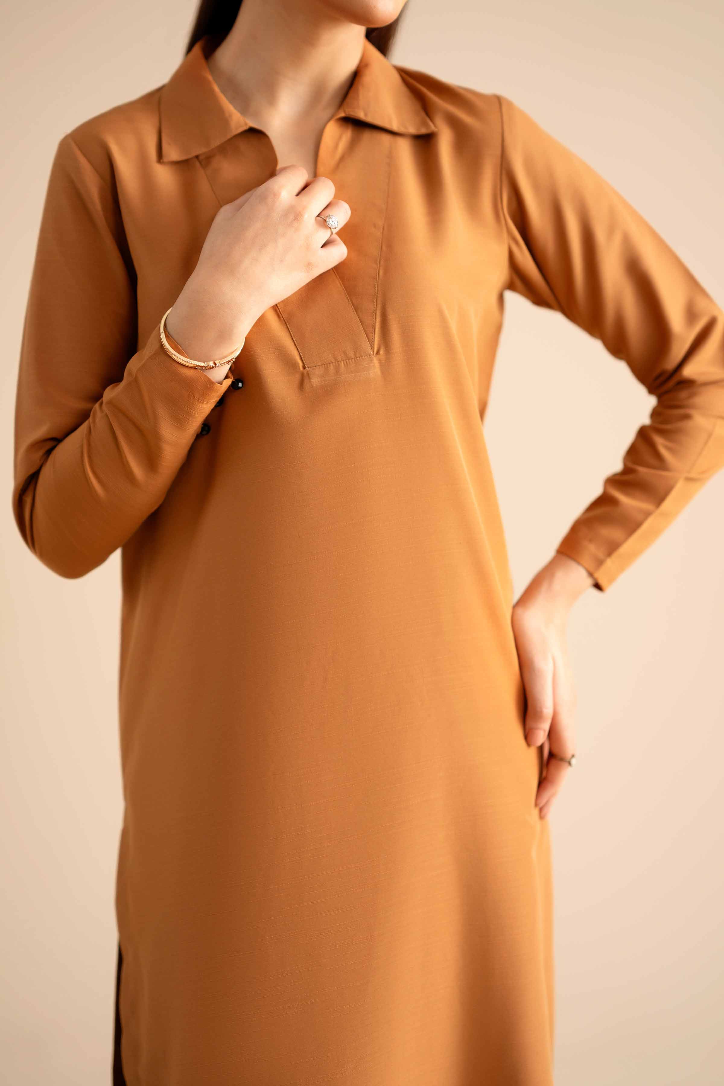 NISHATUAE - Brown Solids Silk 2-piece Ready to wear Dress