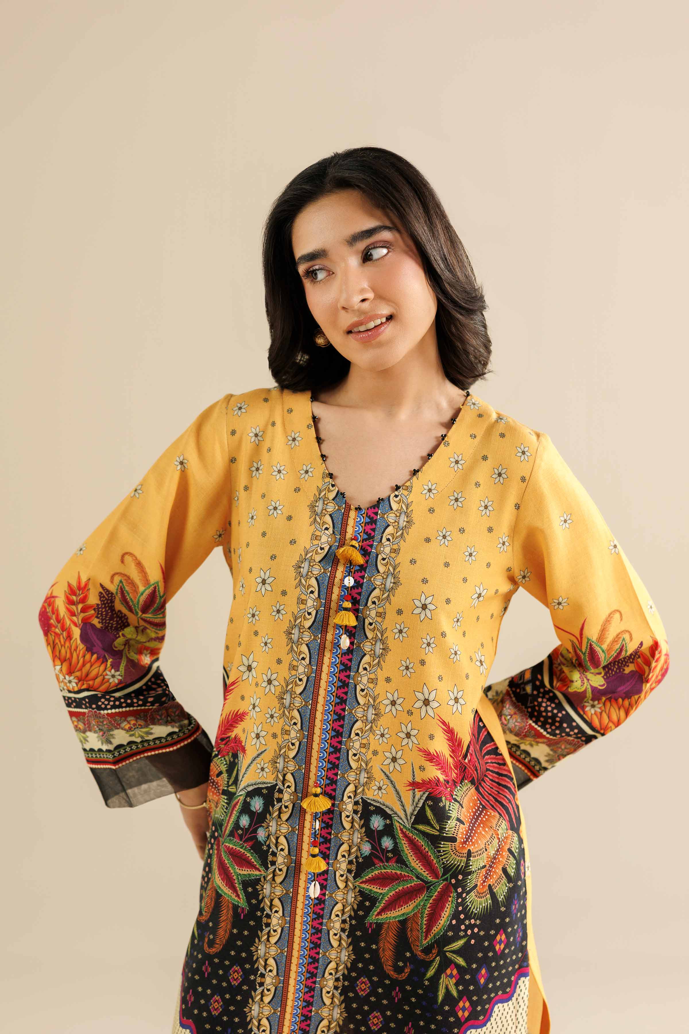 NishatUAE - Mustard Printed Linen 2-piece Ready to wear Dress