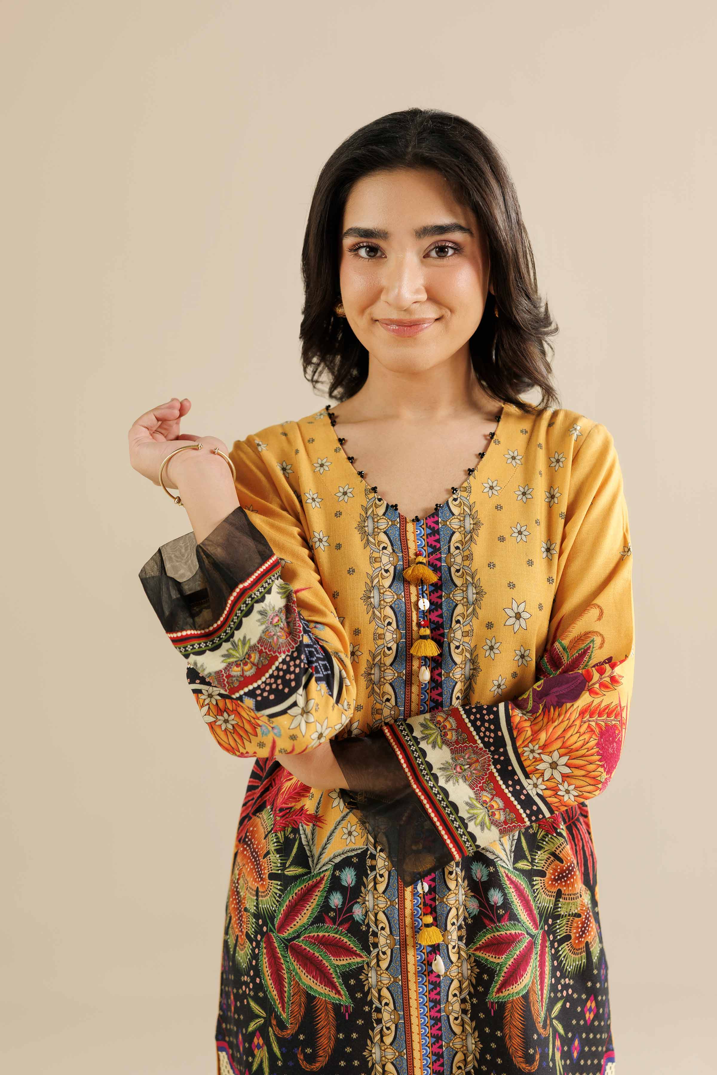 NishatUAE - Mustard Printed Linen 2-piece Ready to wear Dress