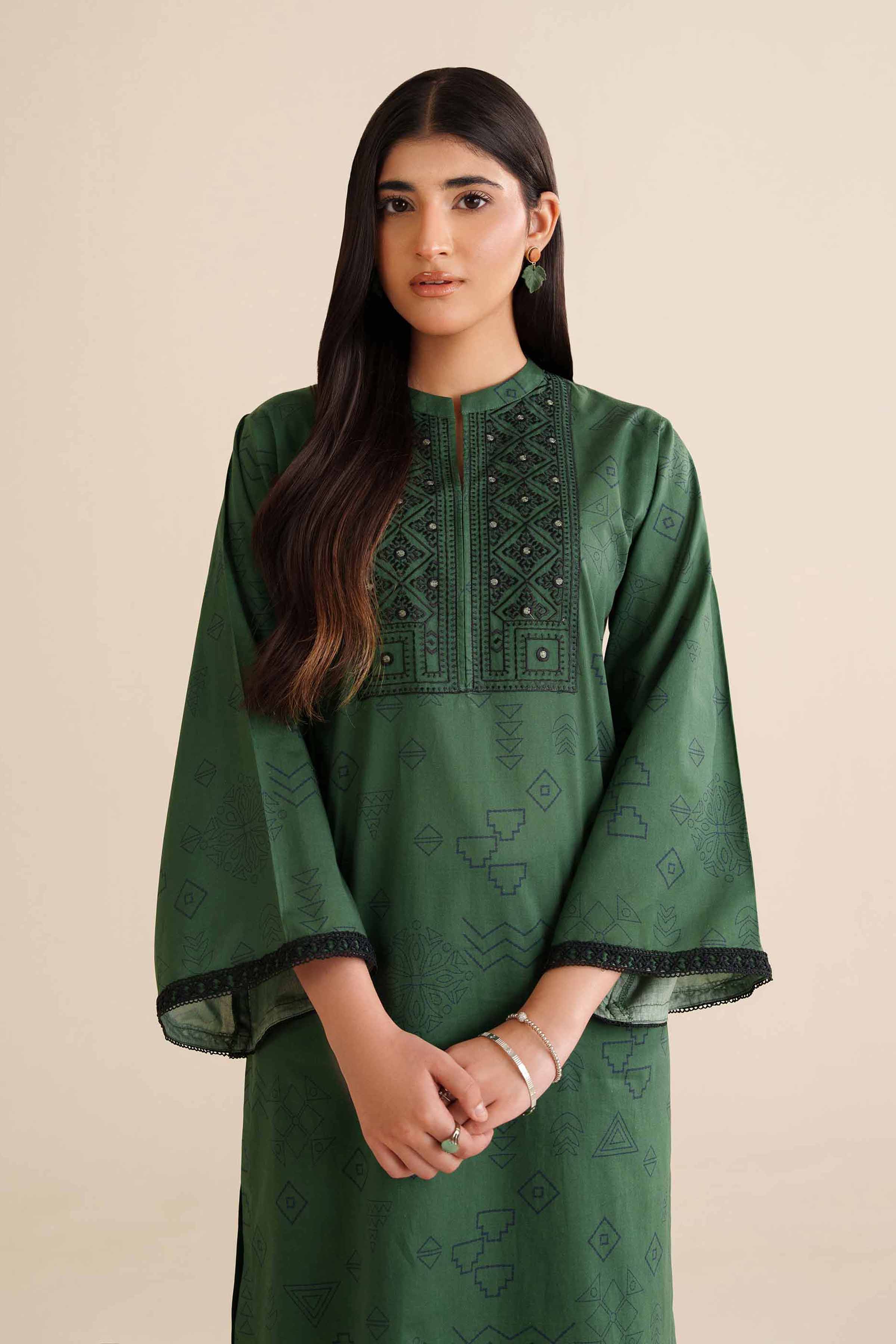 NISHATUAE - Green Embroidered Cambric 2-piece Ready to wear Dress