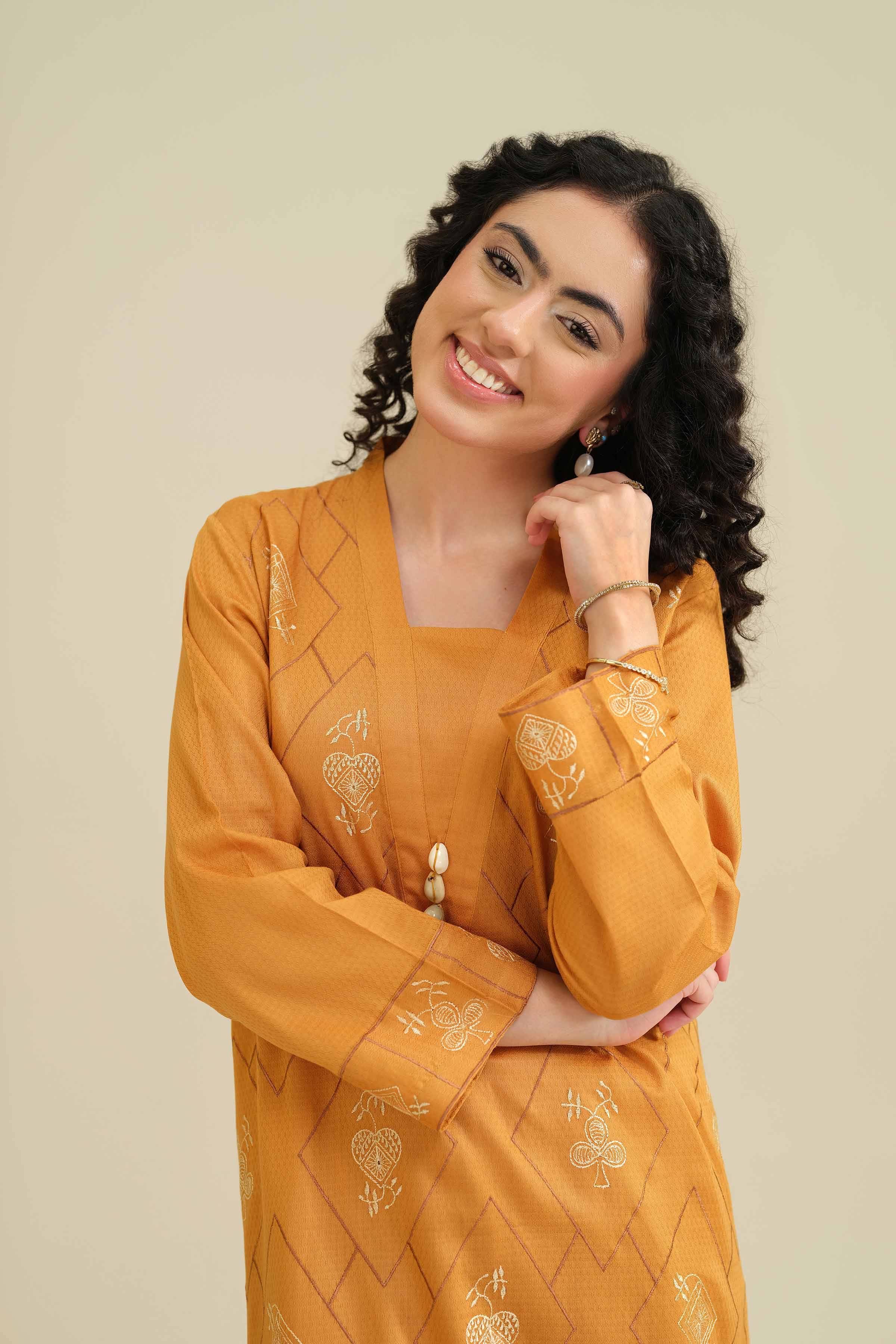 NISHATUAE - Mustard Embroidered Cambric Ready to wear Shirt
