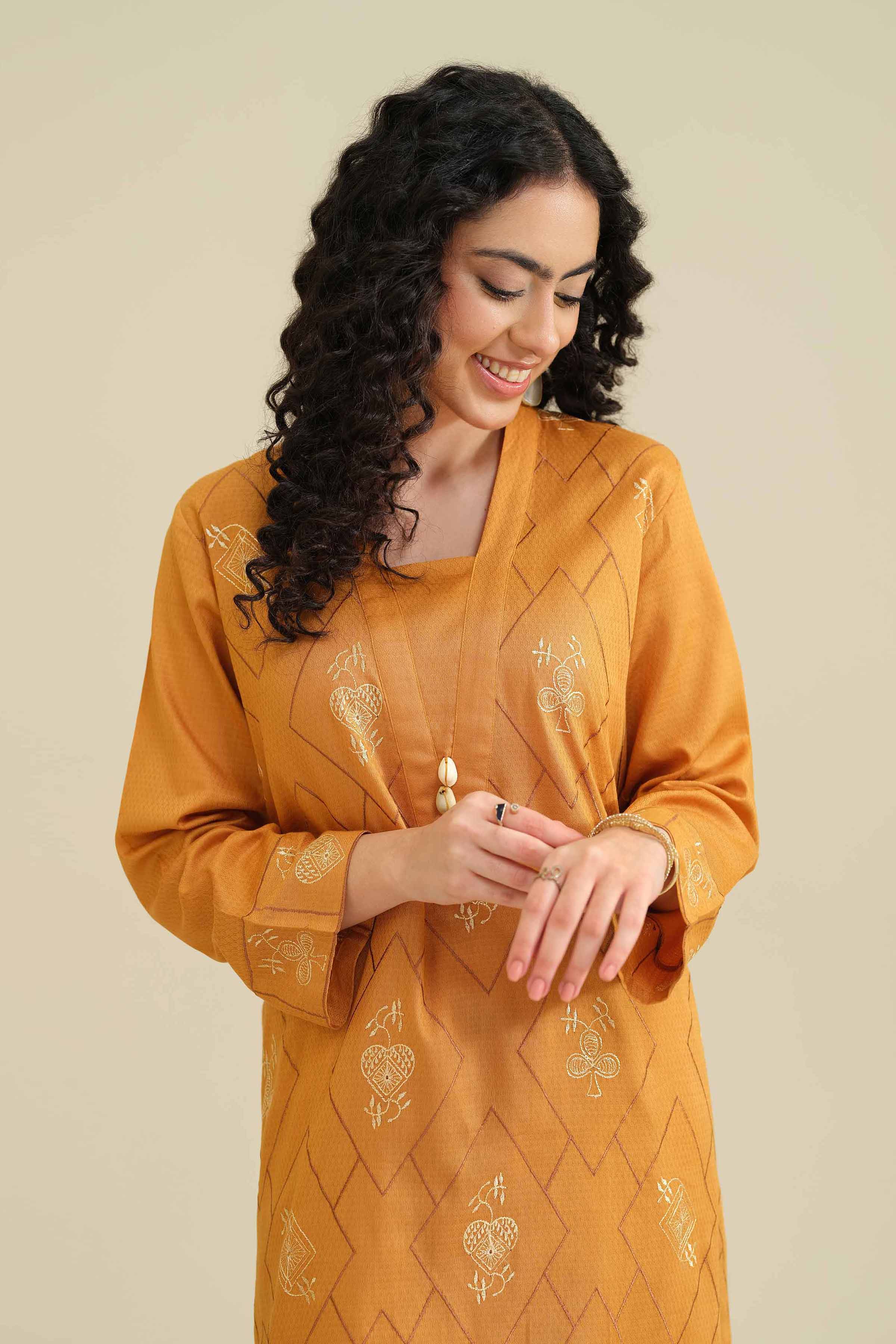 NISHATUAE - Mustard Embroidered Cambric Ready to wear Shirt