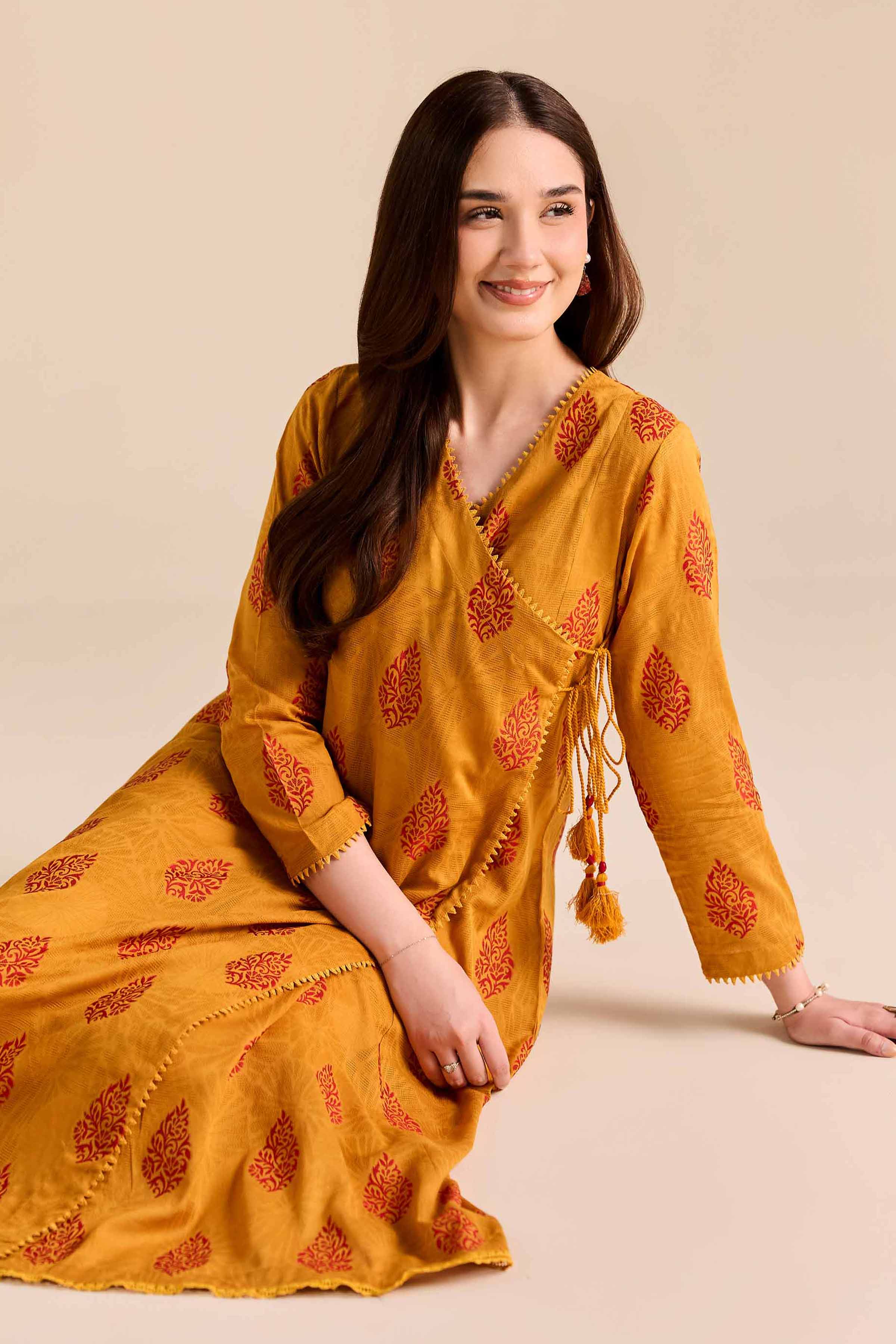NISHATUAE - Mustard Printed Jacquard 2-piece Ready to wear Dress