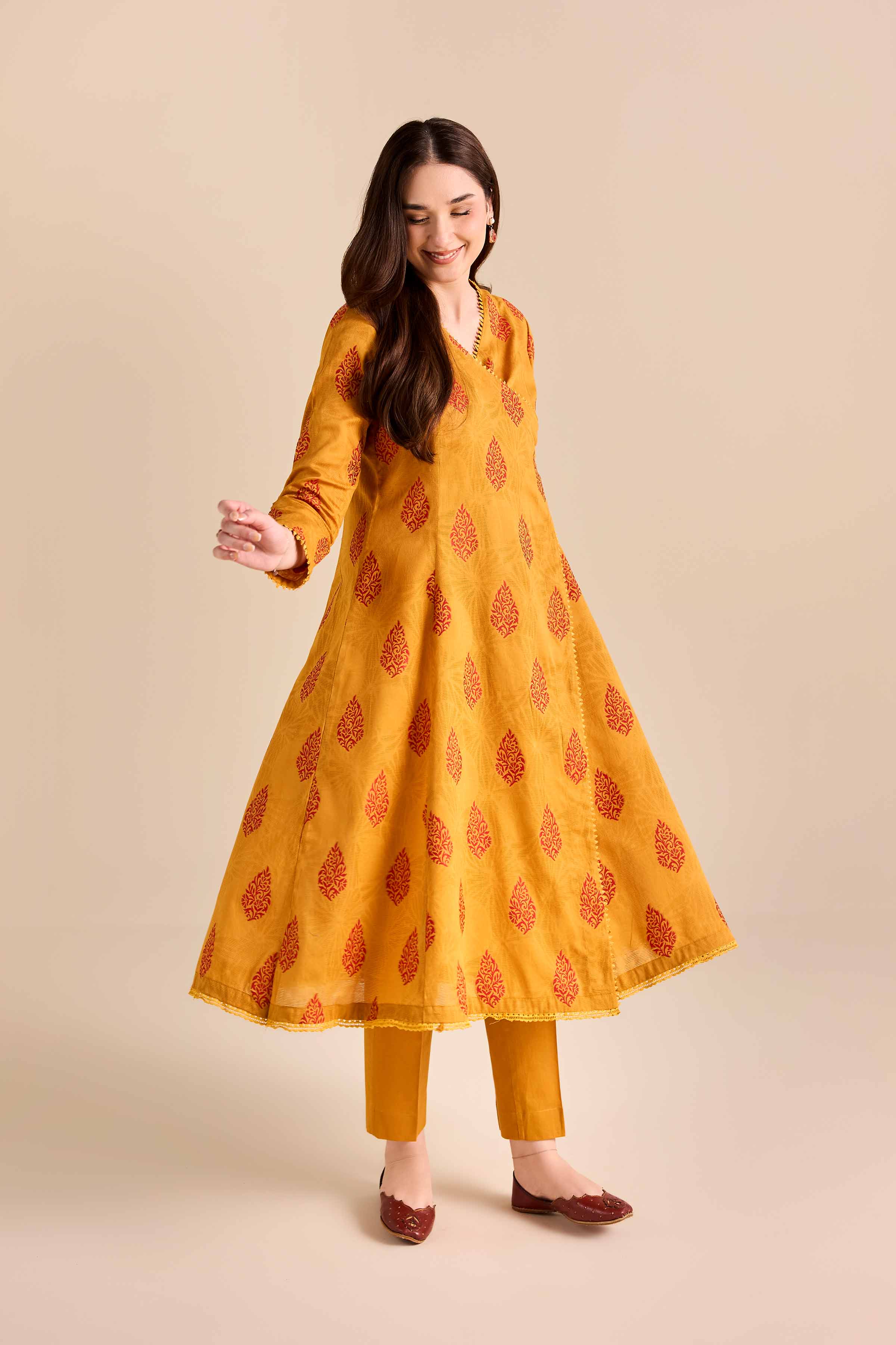 NISHATUAE - Mustard Printed Jacquard 2-piece Ready to wear Dress