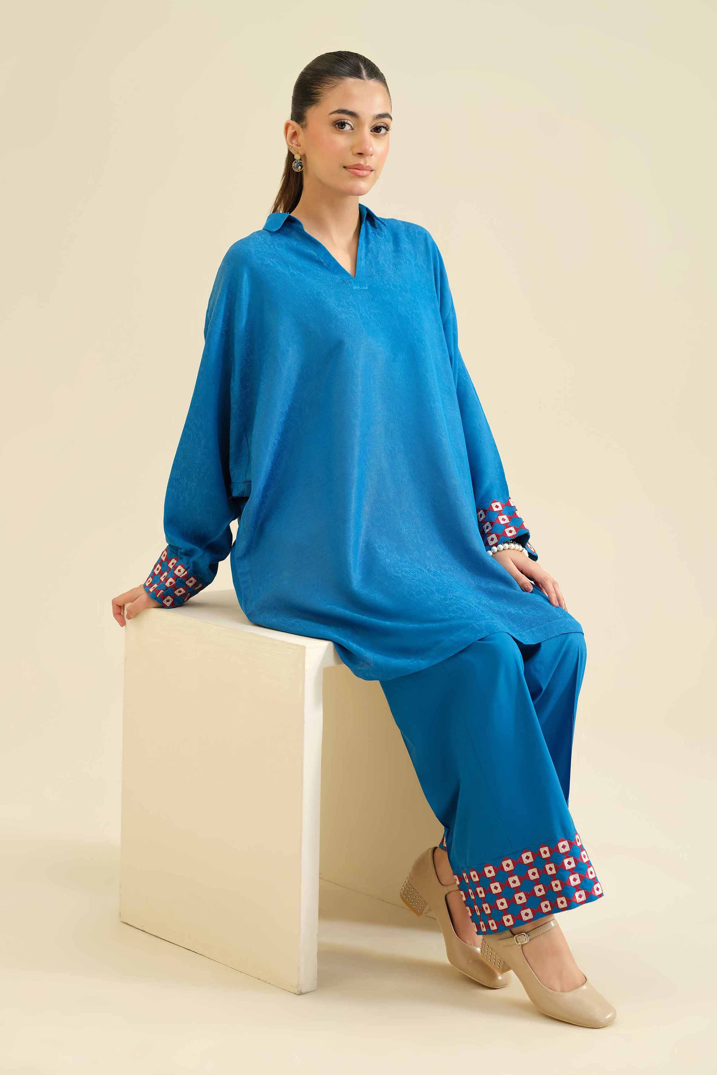 NISHATUAE - Blue Embroidered Jacquard 2-piece Ready to wear Dress