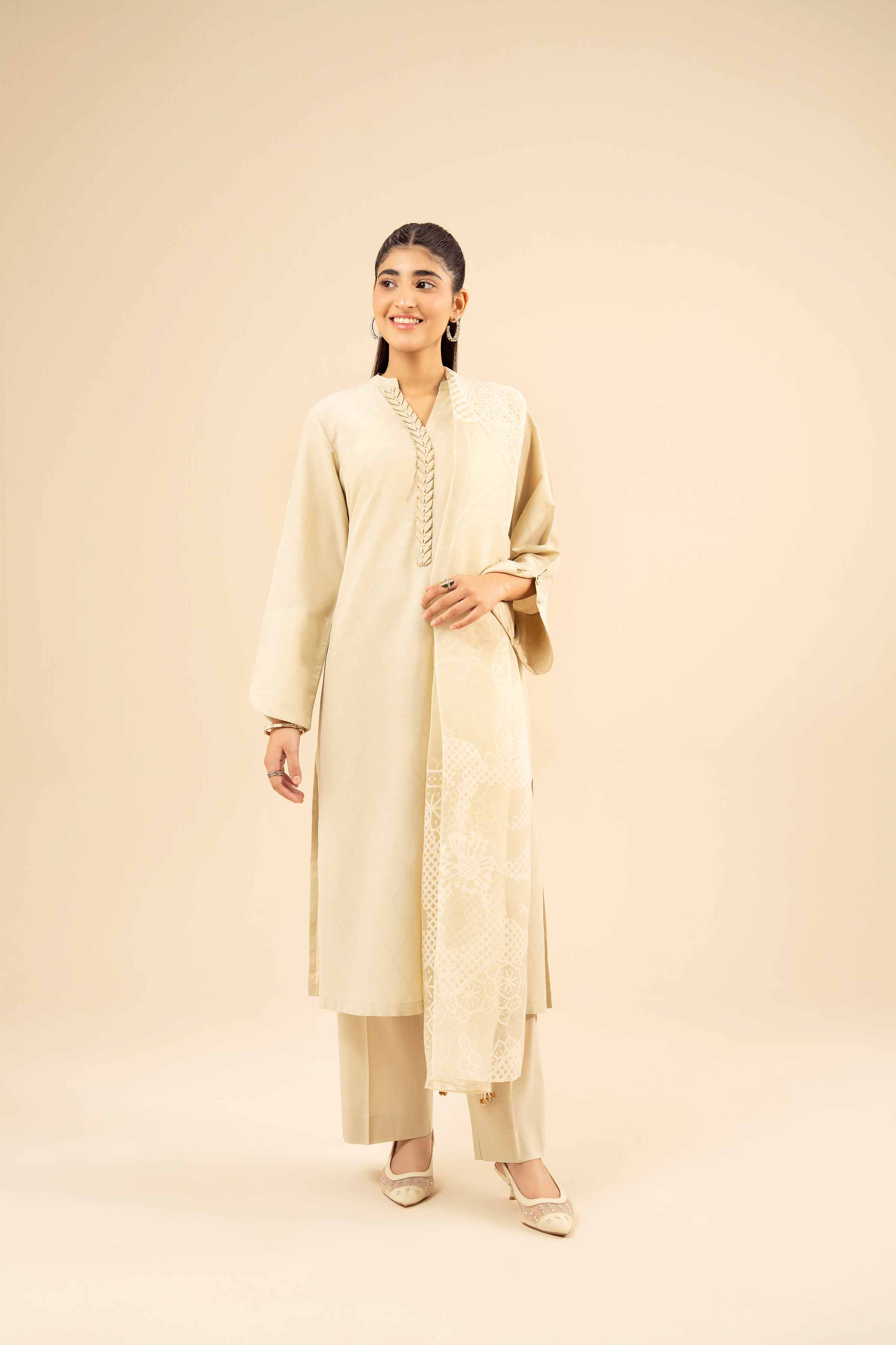 NISHATUAE - Beige Printed Jacquard 3-piece Ready to wear Suit