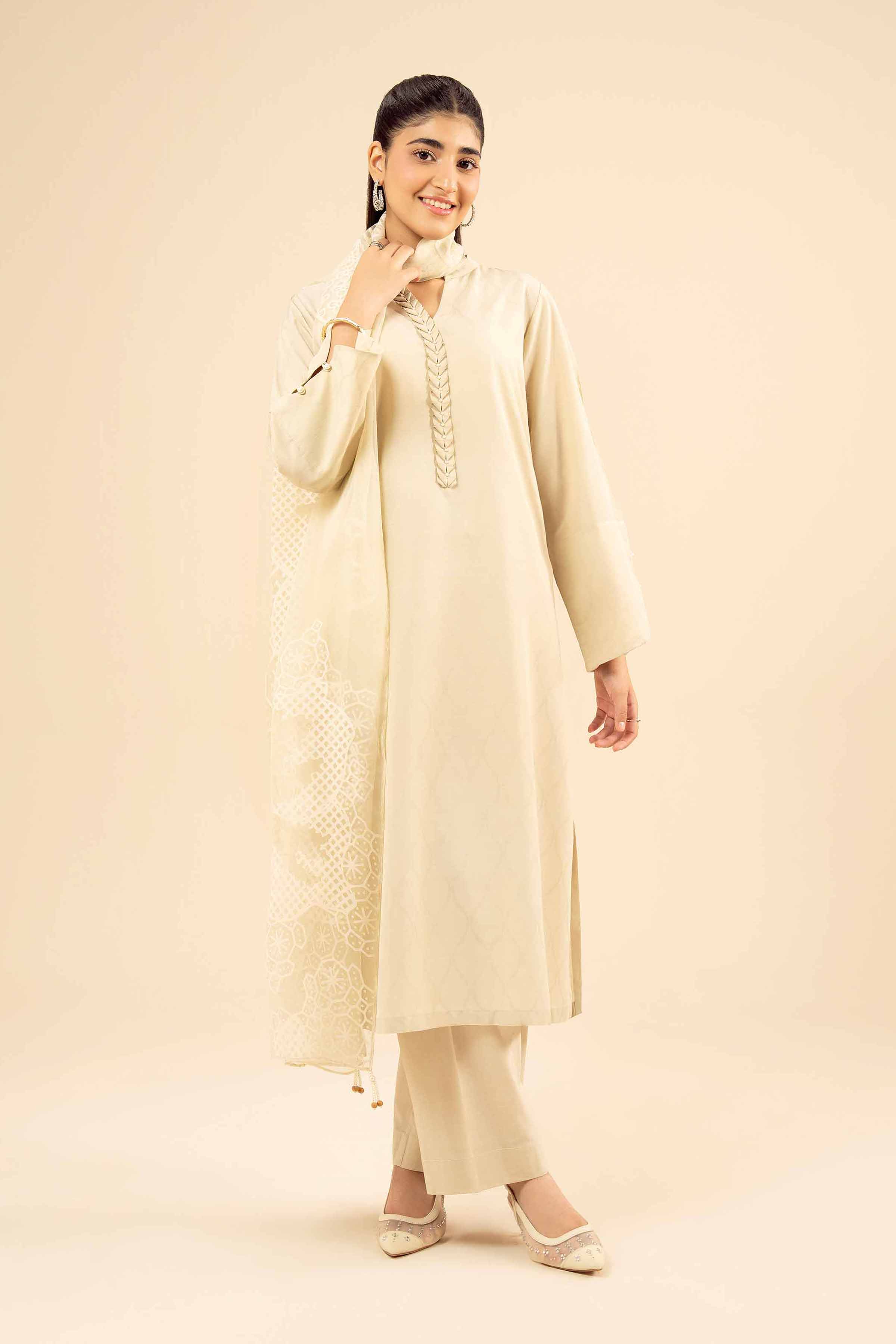 NISHATUAE - Beige Printed Jacquard 3-piece Ready to wear Suit
