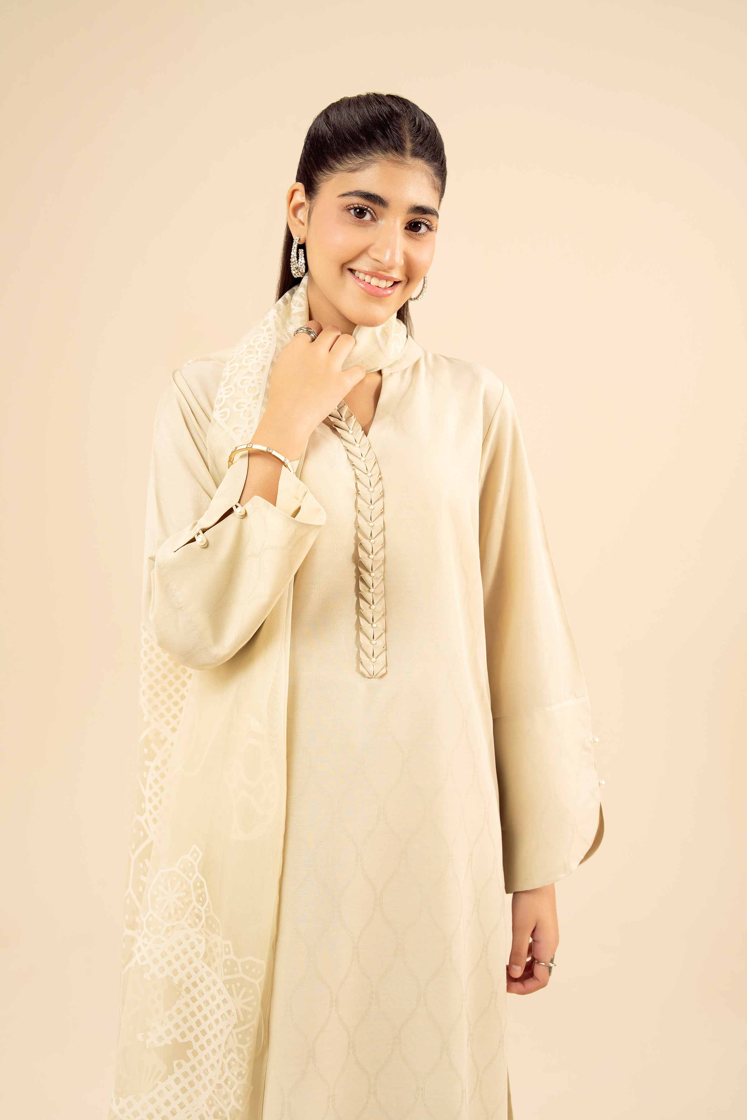 NISHATUAE - Beige Printed Jacquard 3-piece Ready to wear Suit
